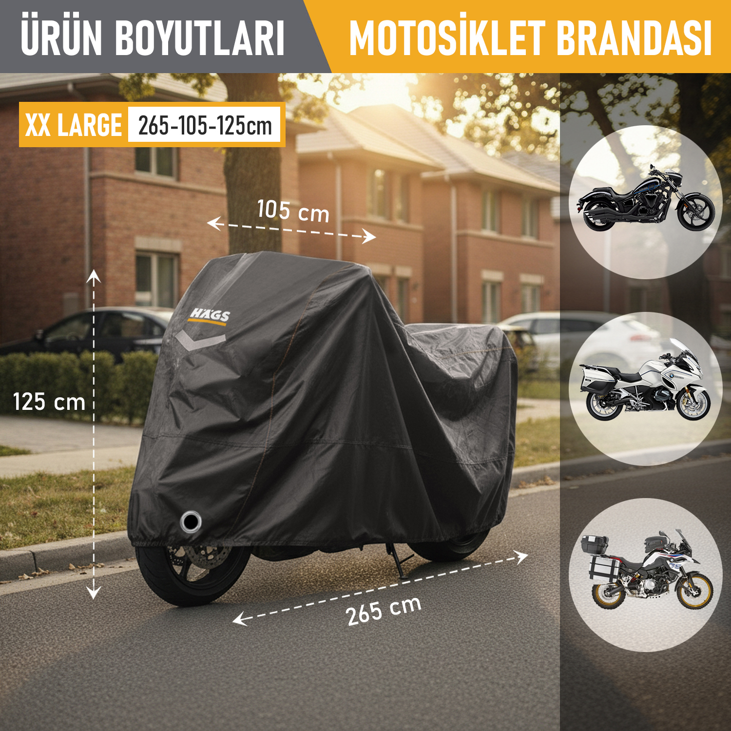 Haegs Motosiklet Brandası Motor Kılıfı Örtüsü Dış Mekan Motosiklet Örtüsü Su Geçirmez Rüzgar Toz Geçirmez Motor Garaj Brandası Kışa Dayanıklı XXL 265x105x125 cm - Gri 3