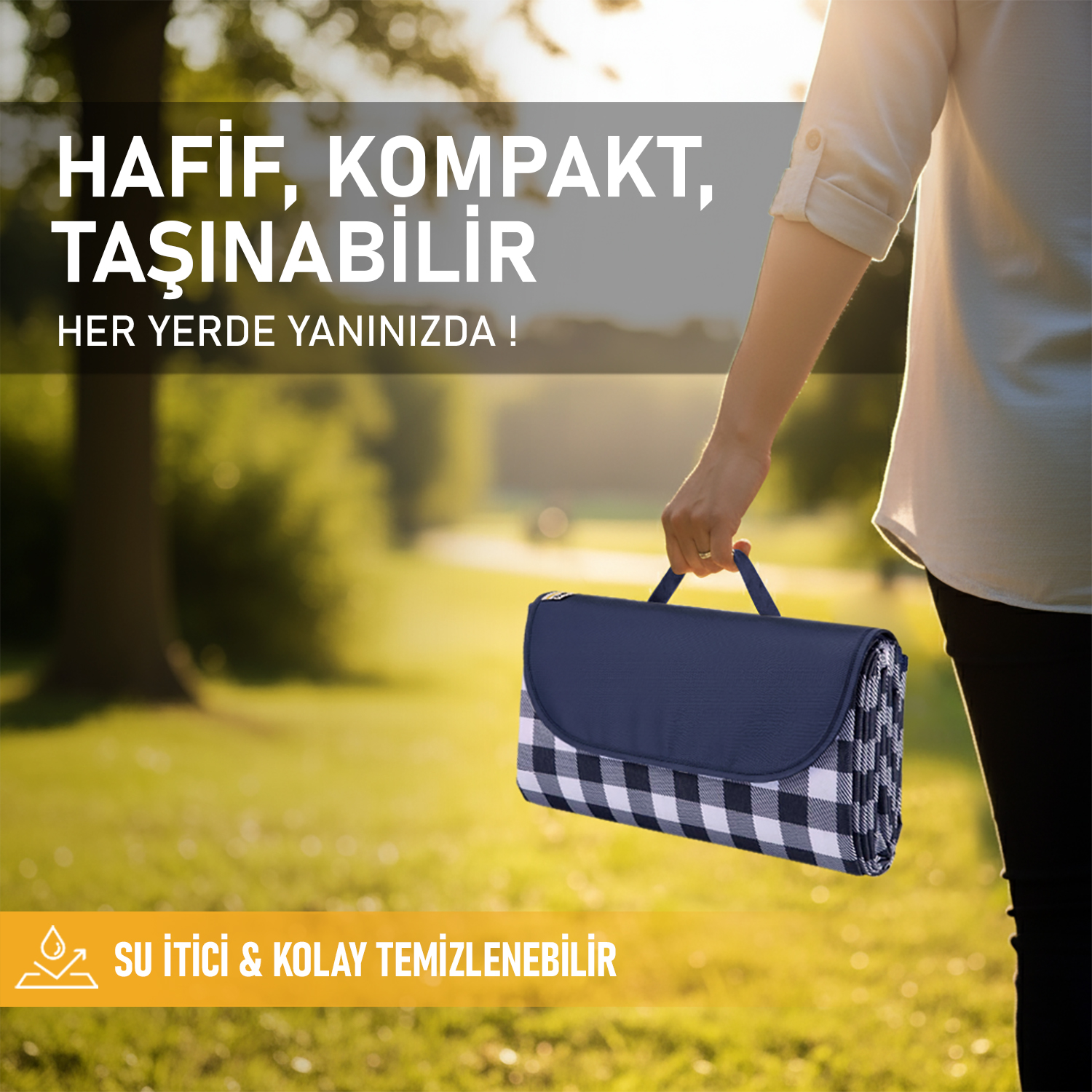 Haegs Piknik Örtüsü Çanta Kamp Matı Plaj Matı Piknik Yer Örtüsü Seyahat Kamp Outdoor Park Çim Kum Tutmaz Su Geçirmez Kullanışlı Çanta Model Katlanabilir 200x150cm - Mavi Ekose 3