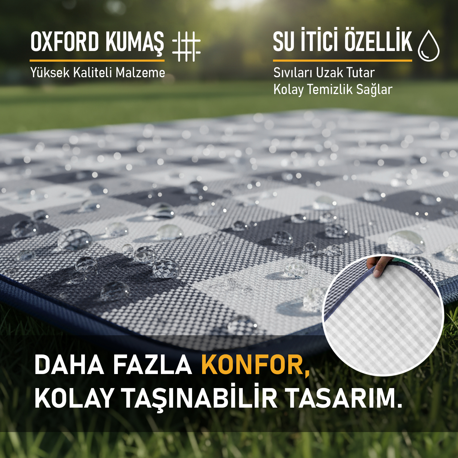 Haegs Piknik Örtüsü Çanta Kamp Matı Plaj Matı Piknik Yer Örtüsü Seyahat Kamp Outdoor Park Çim Kum Tutmaz Su Geçirmez Kullanışlı Çanta Model Katlanabilir 200x150cm - Mavi Ekose 4