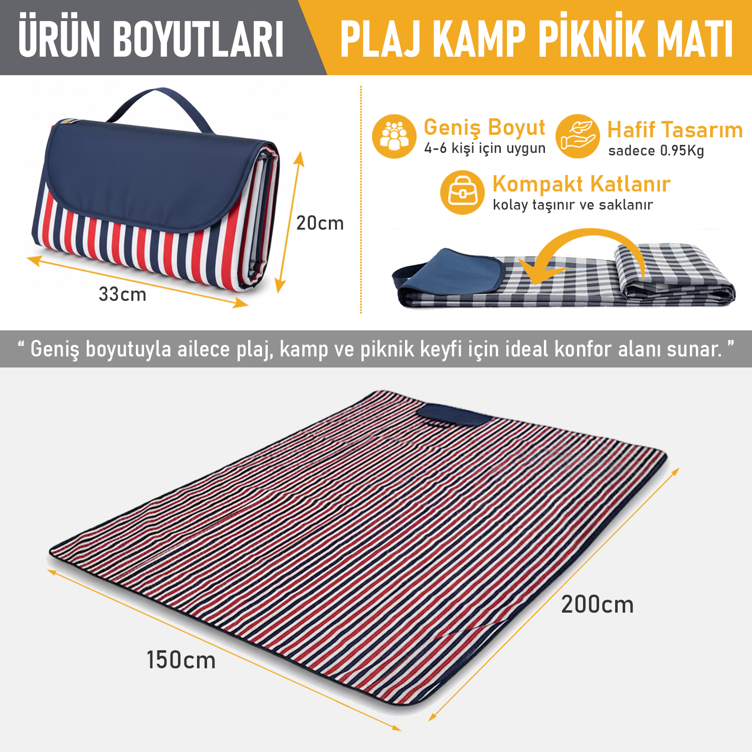 Haegs Piknik Örtüsü Çanta Kamp Matı Plaj Matı Piknik Yer Örtüsü Seyahat Kamp Outdoor Park Çim Kum Tutmaz Su Geçirmez Kullanışlı Çanta Model Katlanabilir 200x150cm - Mavi - Kırmızı Çizgili 3