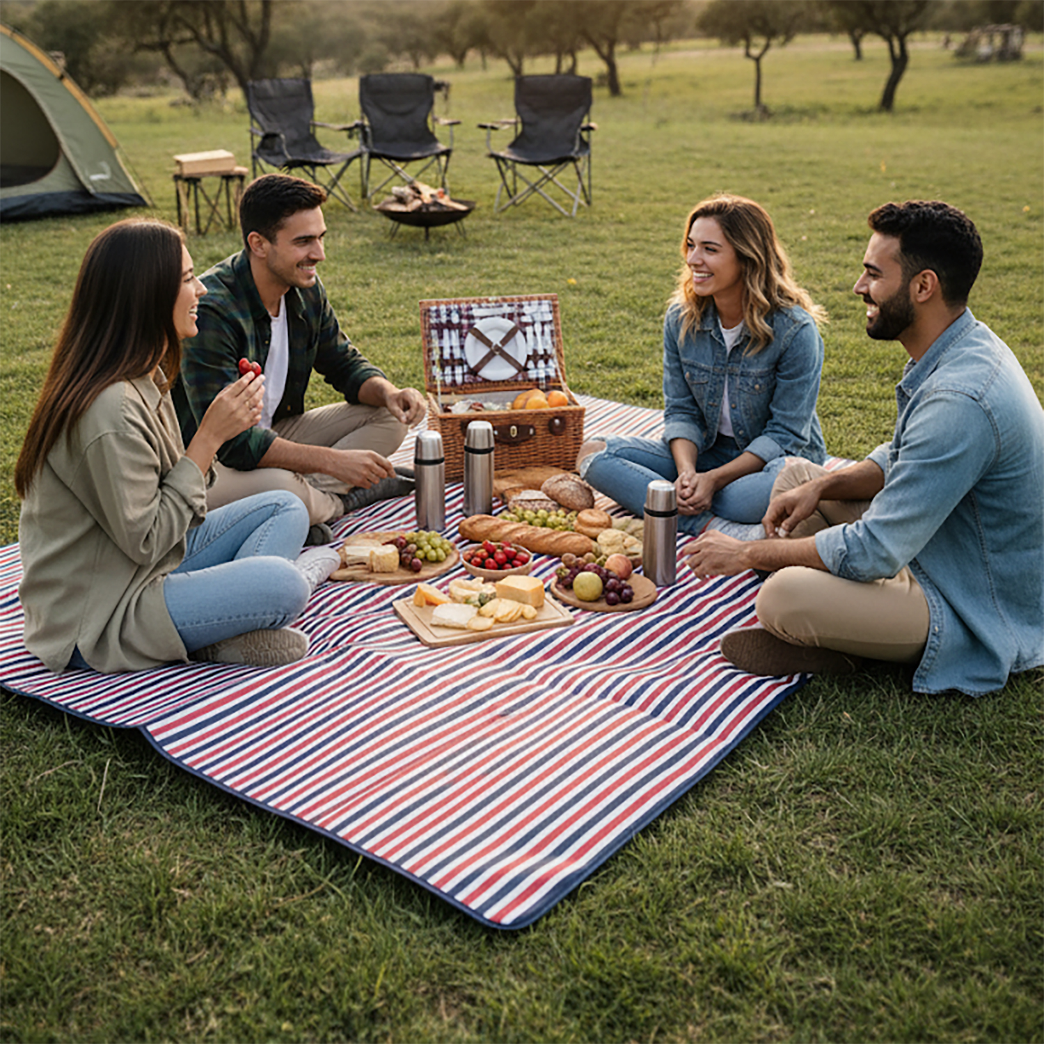 Haegs Piknik Örtüsü Çanta Kamp Matı Plaj Matı Piknik Yer Örtüsü Seyahat Kamp Outdoor Park Çim Kum Tutmaz Su Geçirmez Kullanışlı Çanta Model Katlanabilir 200x150cm - Mavi - Kırmızı Çizgili 4