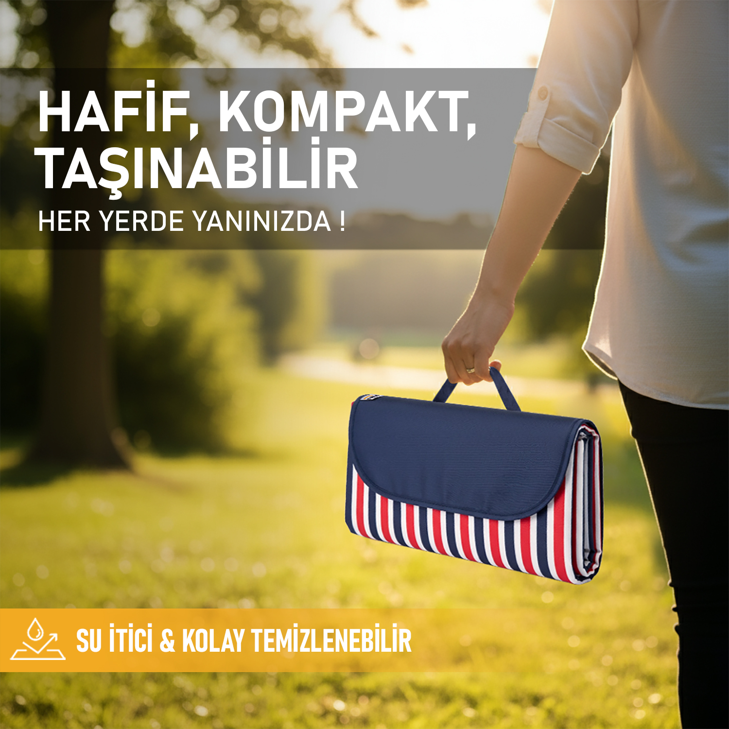 Haegs Piknik Örtüsü Çanta Kamp Matı Plaj Matı Piknik Yer Örtüsü Seyahat Kamp Outdoor Park Çim Kum Tutmaz Su Geçirmez Kullanışlı Çanta Model Katlanabilir 200x150cm - Mavi - Kırmızı Çizgili 5