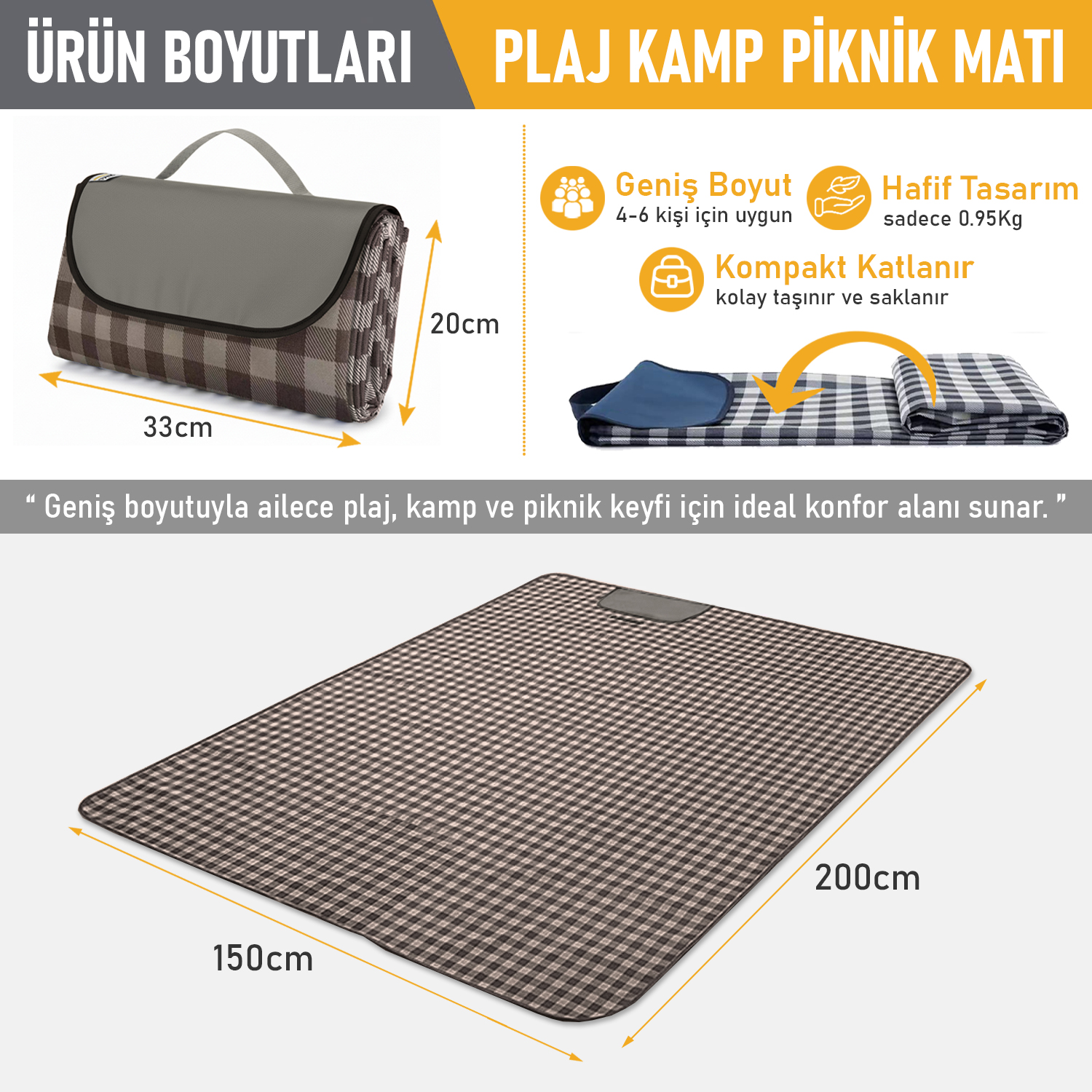 Haegs Piknik Örtüsü Çanta Kamp Matı Plaj Matı Piknik Yer Örtüsü Seyahat Kamp Outdoor Park Çim Kum Tutmaz Su Geçirmez Kullanışlı Çanta Model Katlanabilir 200x150cm - Kahve Ekose 2
