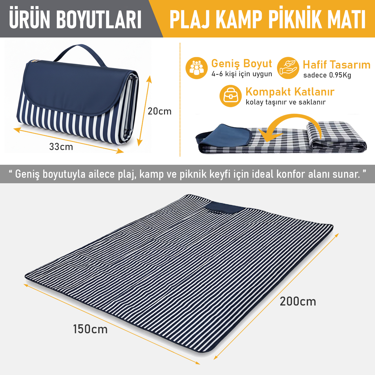 Haegs Piknik Örtüsü Çanta Kamp Matı Plaj Matı Piknik Yer Örtüsü Seyahat Kamp Outdoor Park Çim Kum Tutmaz Su Geçirmez Kullanışlı Çanta Model Katlanabilir 200x150cm - Mavi - Beyaz Çizgili 2