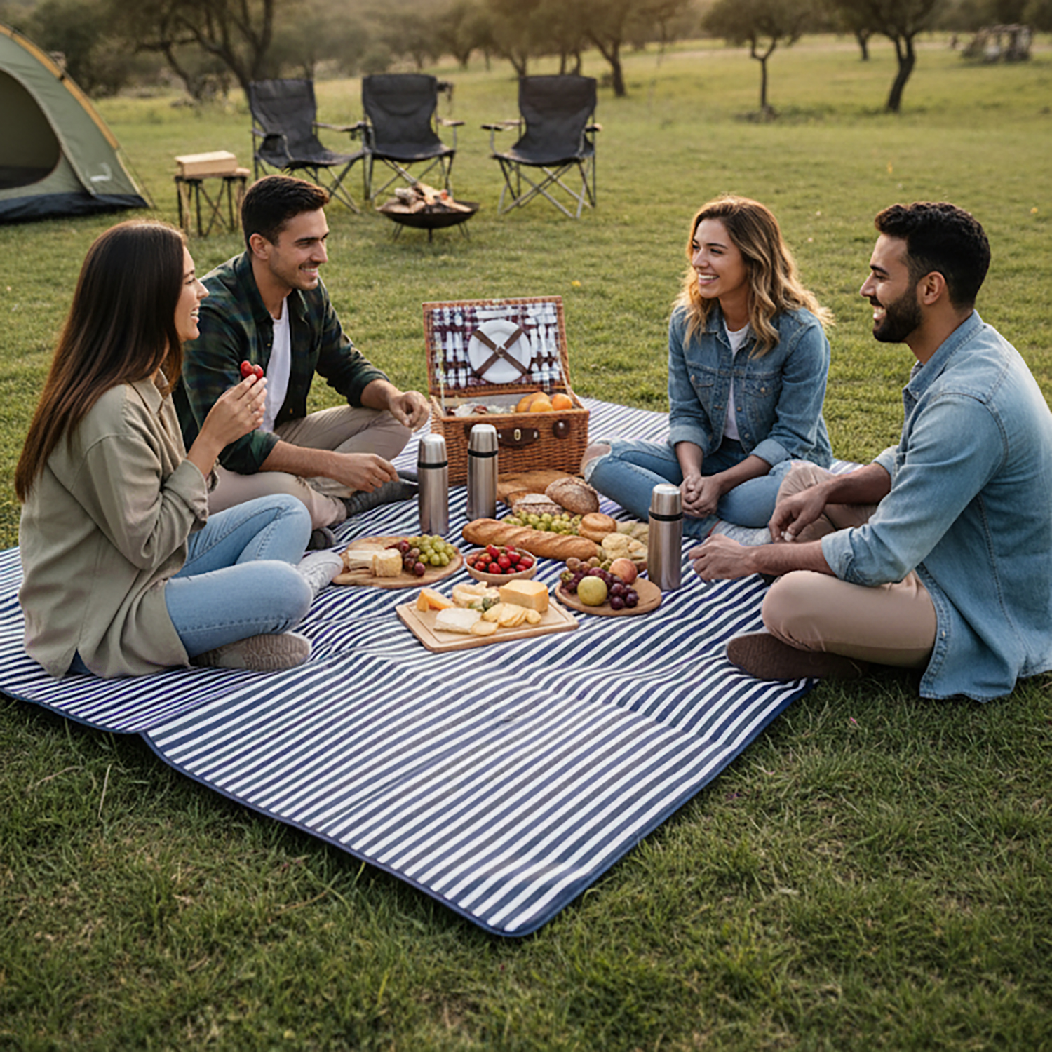 Haegs Piknik Örtüsü Çanta Kamp Matı Plaj Matı Piknik Yer Örtüsü Seyahat Kamp Outdoor Park Çim Kum Tutmaz Su Geçirmez Kullanışlı Çanta Model Katlanabilir 200x150cm - Mavi - Beyaz Çizgili 3