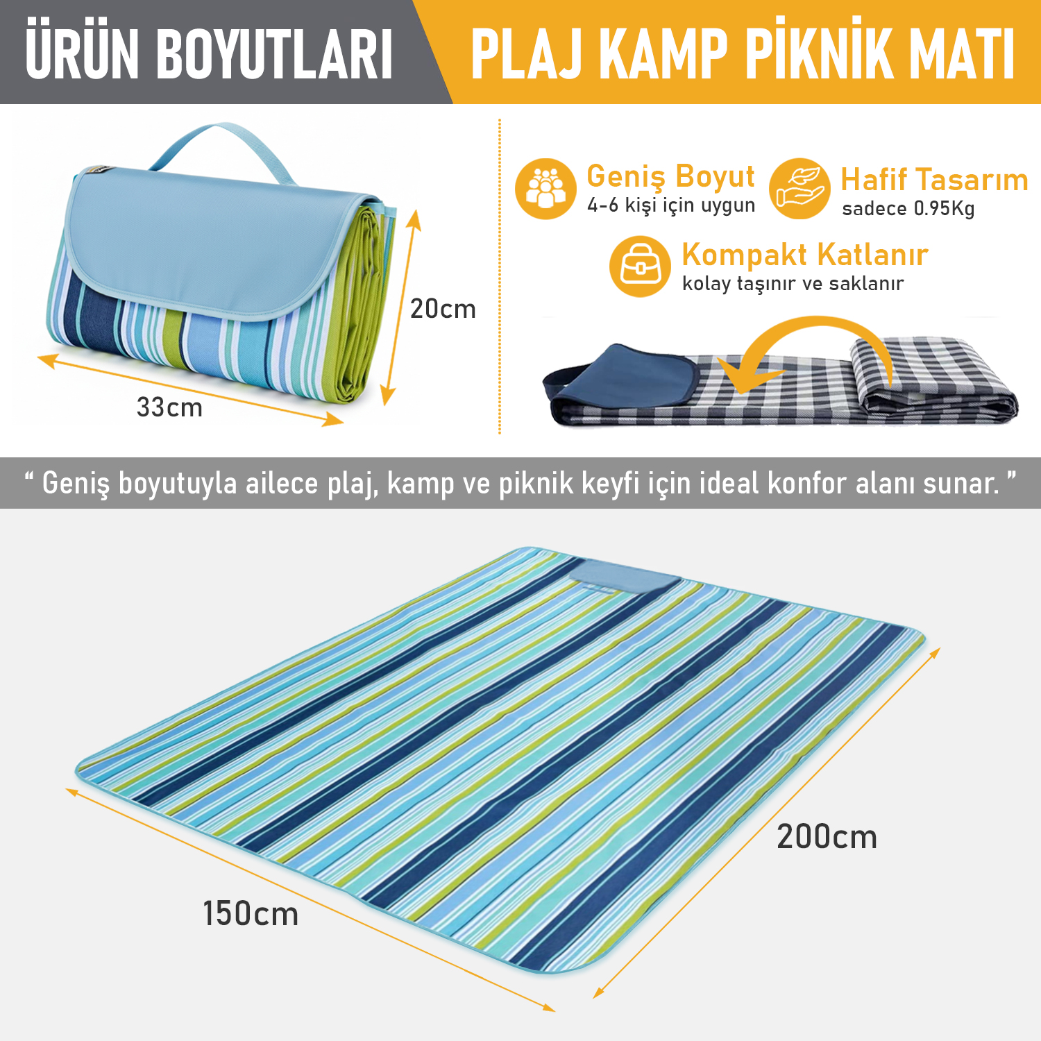Haegs Piknik Örtüsü Çanta Kamp Matı Plaj Matı Piknik Yer Örtüsü Seyahat Kamp Outdoor Park Çim Kum Tutmaz Su Geçirmez Kullanışlı Çanta Model Katlanabilir 200x150cm - Mavi Desenli 2