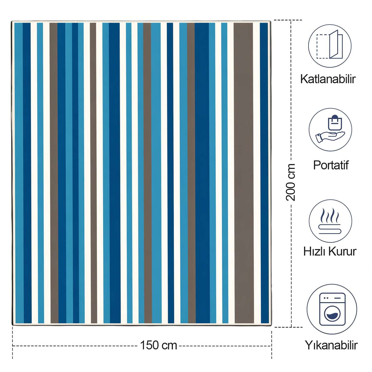 Haegs Piknik Örtüsü Çanta Kamp Matı Plaj Matı Piknik Yer Örtüsü Seyahat Kamp Outdoor Park Çim Kum Tutmaz Su Geçirmez Kullanışlı Çanta Model Katlanabilir 200x150cm - Mavi-Gri Çizgiler 4