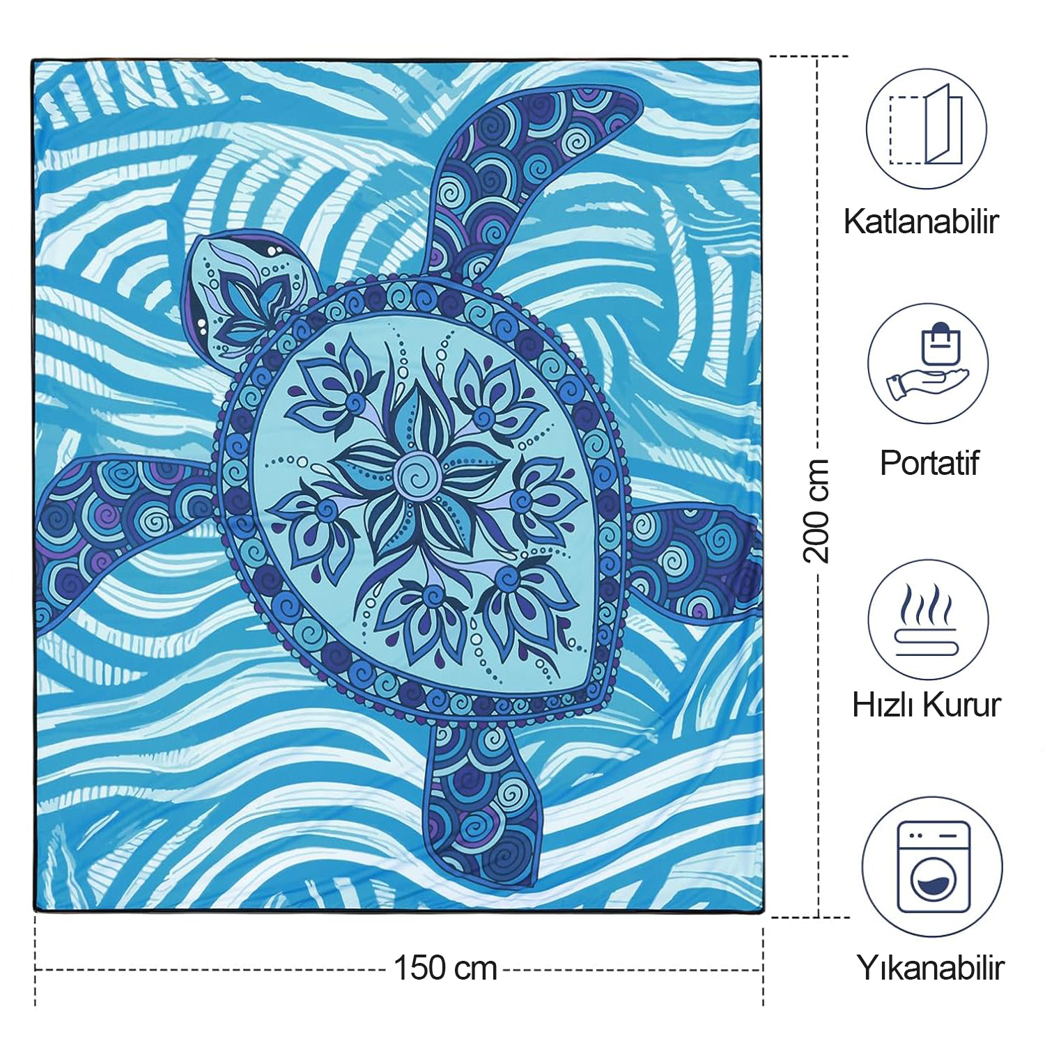 Haegs Piknik Örtüsü Çanta Kamp Matı Plaj Matı Piknik Yer Örtüsü Seyahat Kamp Outdoor Park Çim Kum Tutmaz Su Geçirmez Kullanışlı Çanta Model Katlanabilir 200x150cm - Etnik Kaplumbağa Mavi 3