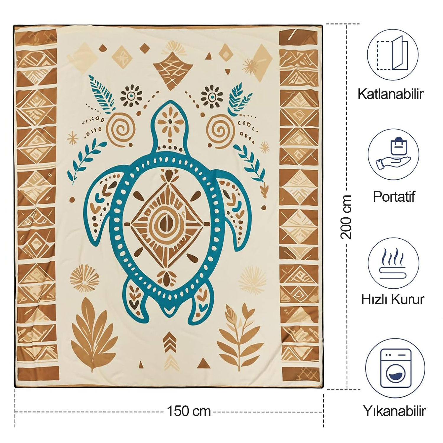 Haegs Piknik Örtüsü Çanta Kamp Matı Plaj Matı Piknik Yer Örtüsü Seyahat Kamp Outdoor Park Çim Kum Tutmaz Su Geçirmez Kullanışlı Çanta Model Katlanabilir 200x150cm - Etnik Kaplumbağa Bej 3