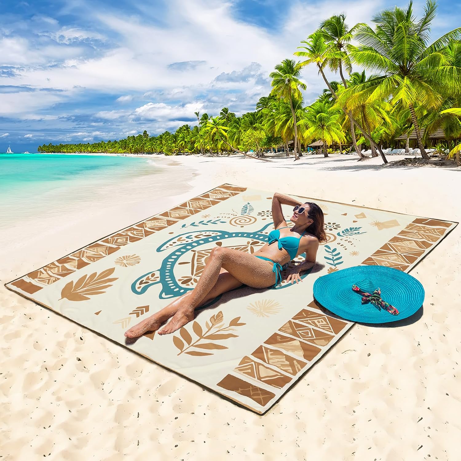 Haegs Piknik Örtüsü Çanta Kamp Matı Plaj Matı Piknik Yer Örtüsü Seyahat Kamp Outdoor Park Çim Kum Tutmaz Su Geçirmez Kullanışlı Çanta Model Katlanabilir 200x150cm - Etnik Kaplumbağa Bej 2