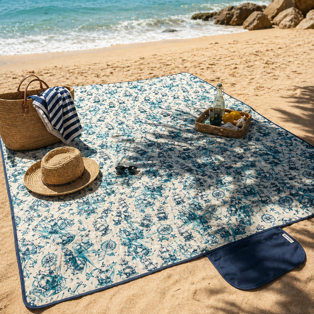 Haegs Piknik Örtüsü Çanta Kamp Matı Plaj Matı Piknik Yer Örtüsü Seyahat Kamp Outdoor Park Çim Kum Tutmaz Su Geçirmez Kullanışlı Çanta Model Katlanabilir 200x150cm - Deniz Pusulası 2
