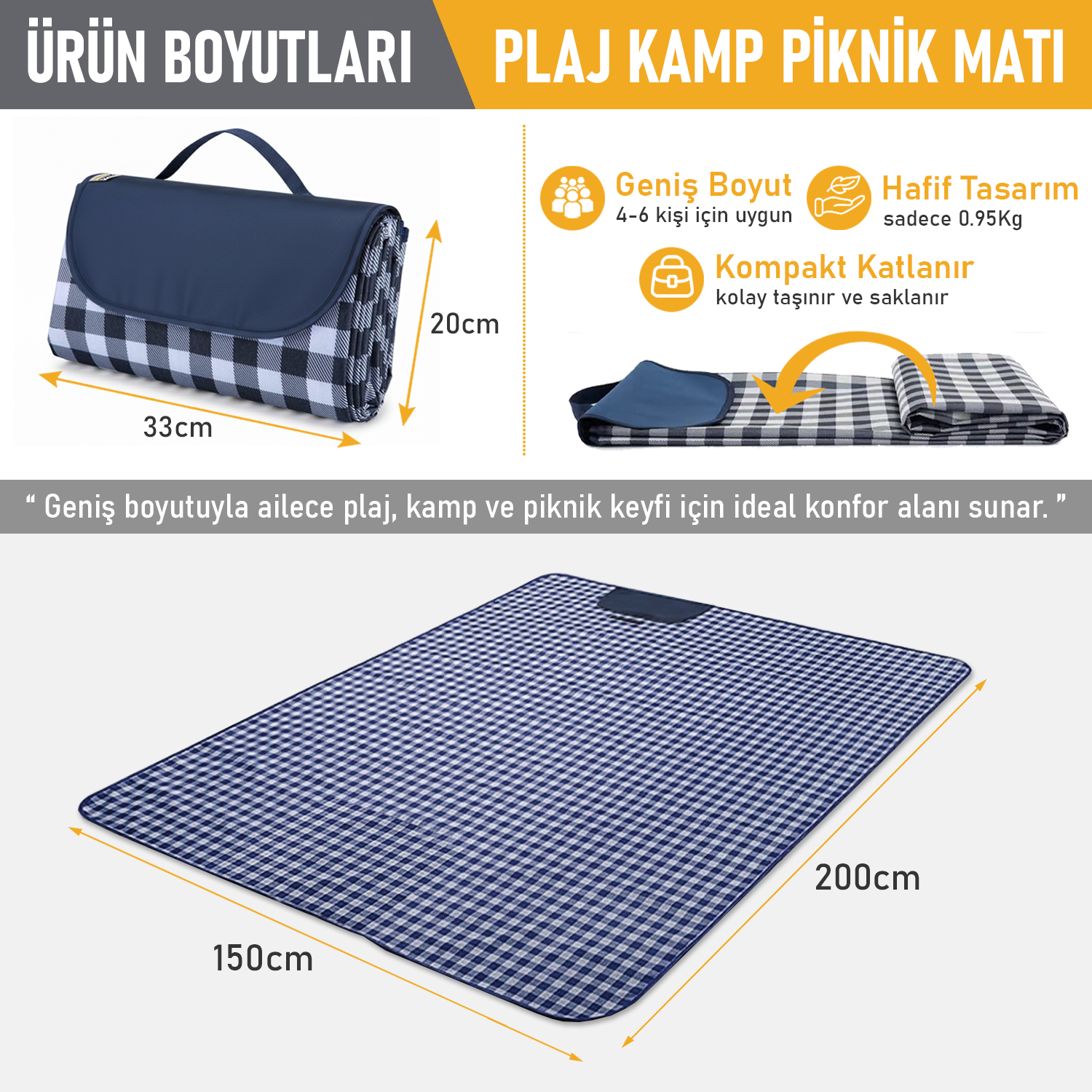 Haegs Piknik Örtüsü Çanta Kamp Matı Plaj Matı Piknik Yer Örtüsü Seyahat Kamp Outdoor Park Çim Kum Tutmaz Su Geçirmez Kullanışlı Çanta Model Katlanabilir 200x150cm - Mavi Ekose 2