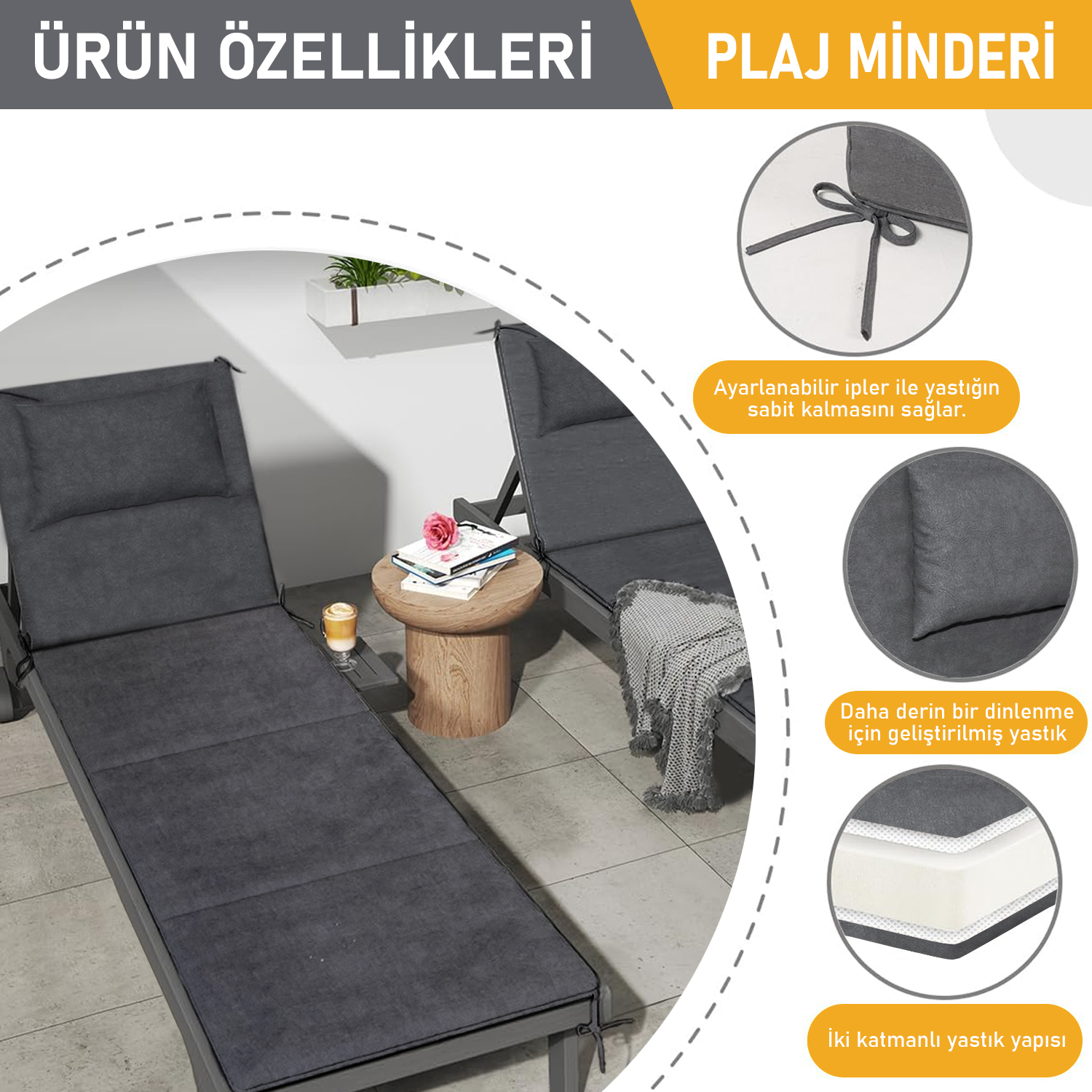 Haegs Plaj Minderi Plaj Çantası Tasarımlı Katlanır Plaj Matı Yastıklı Su Geçirmez Plaj Şezlong Minderleri 22 Dens 180x53x2cm - Bej 5