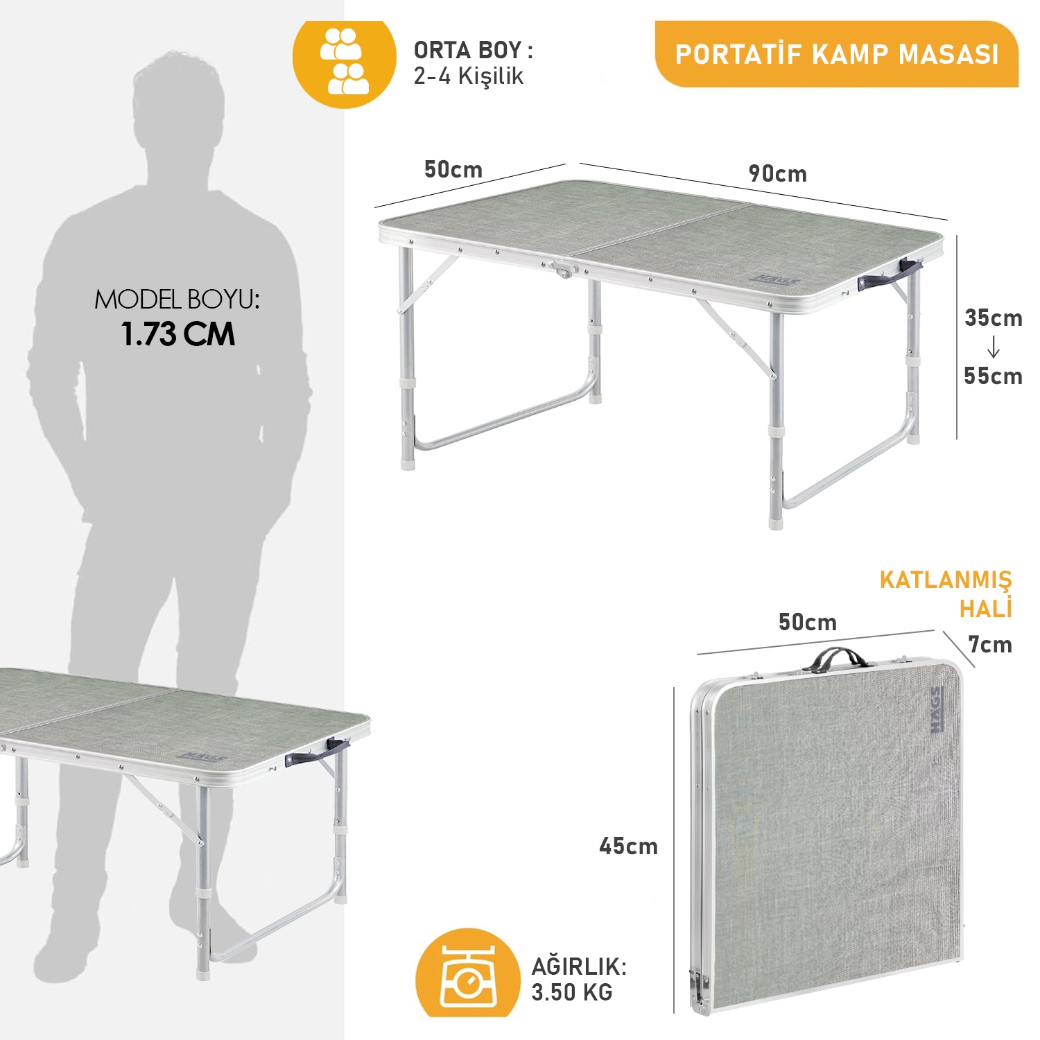 Haegs Portatif Kamp Masası 2 Yükseklik Ayarlı Katlanır Piknik Masası Kolay Taşınabilir Alüminyum Masa - 90x50 - Mermer Desenli 2