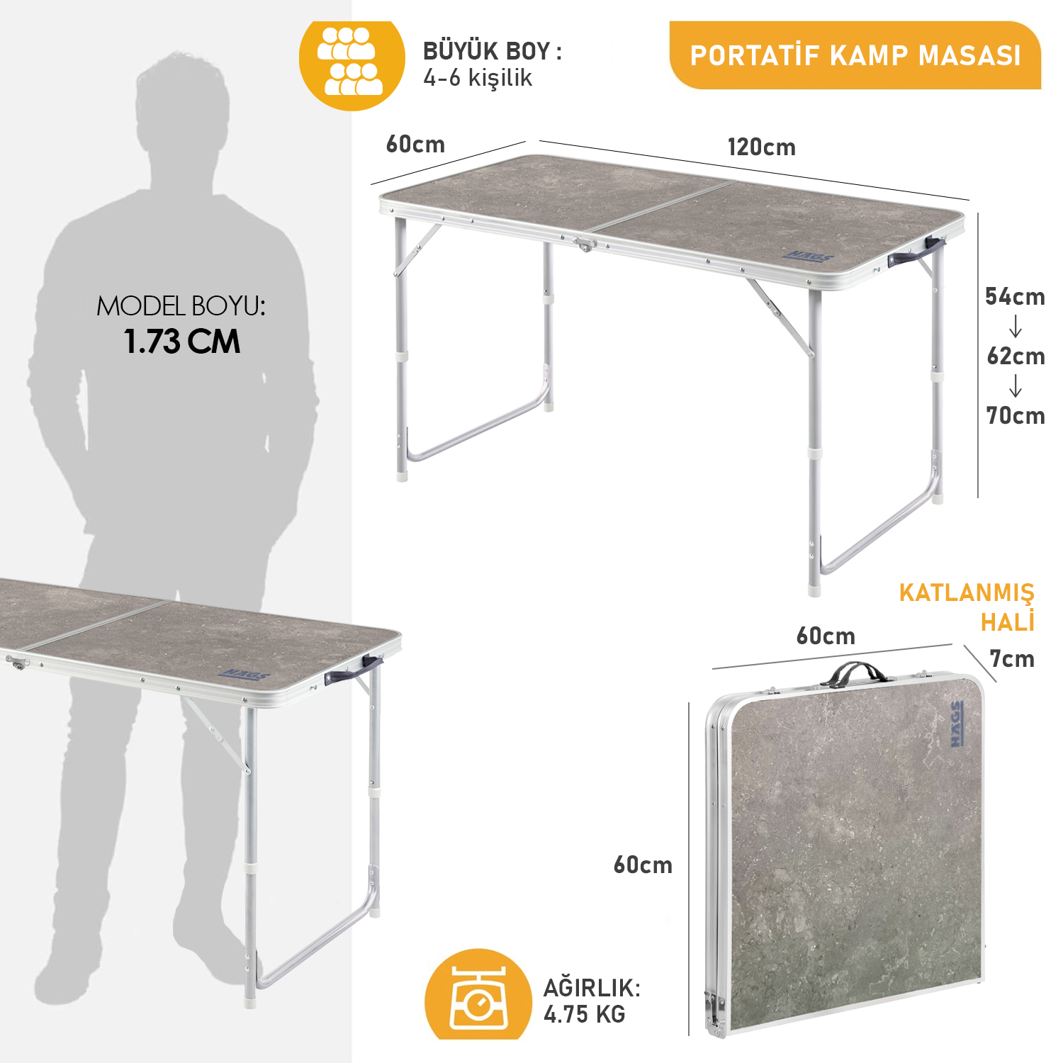Haegs Portatif Kamp Masası 3 Yükseklik Ayarlı Katlanır Piknik Masası Kolay Taşınabilir Alüminyum Masa - 120x60 - Antrasit 1