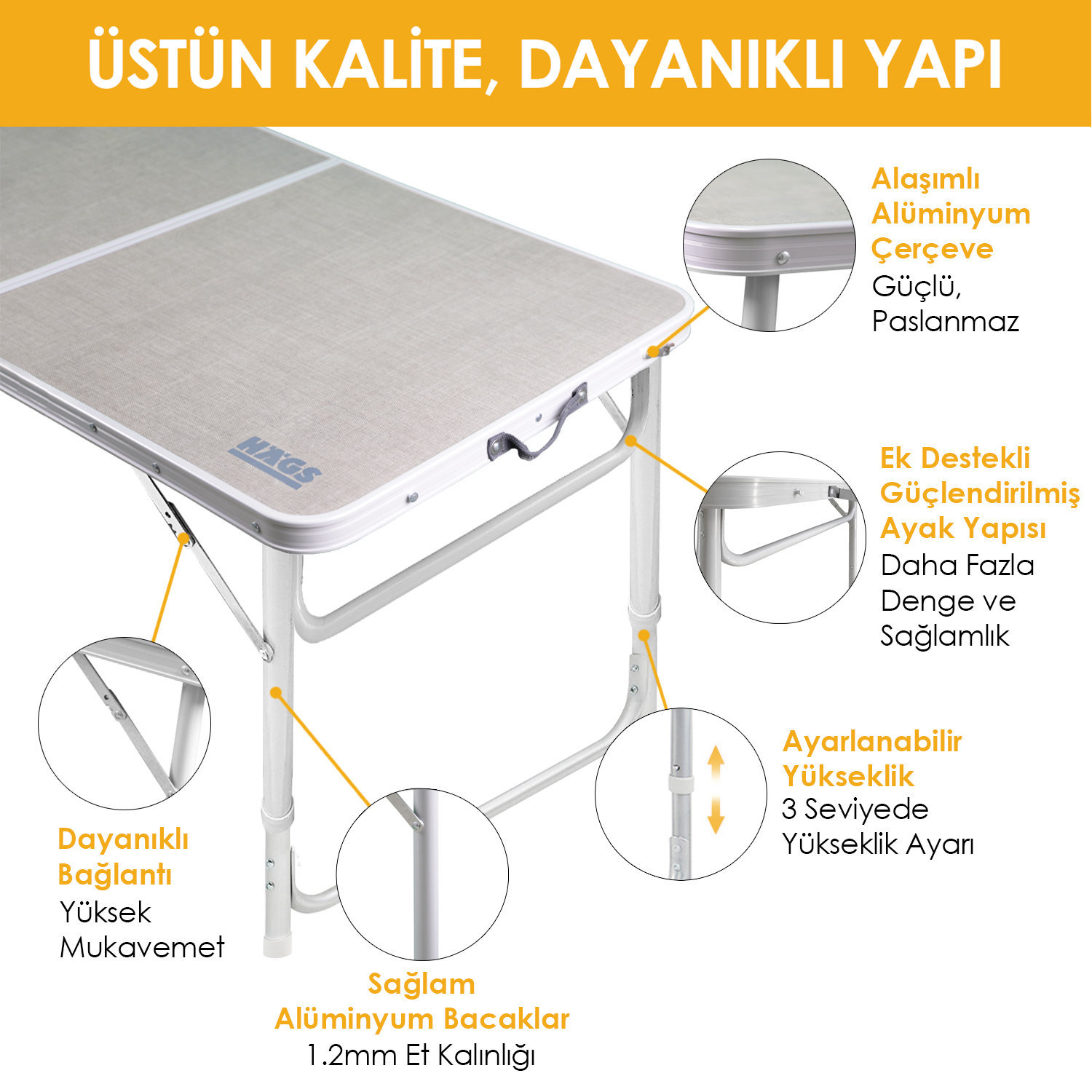 Haegs Portatif Kamp Masası 3 Yükseklik Ayarlı Katlanır Piknik Masası Kolay Taşınabilir Alüminyum Masa - 120x60 - Hareli Ceviz 4