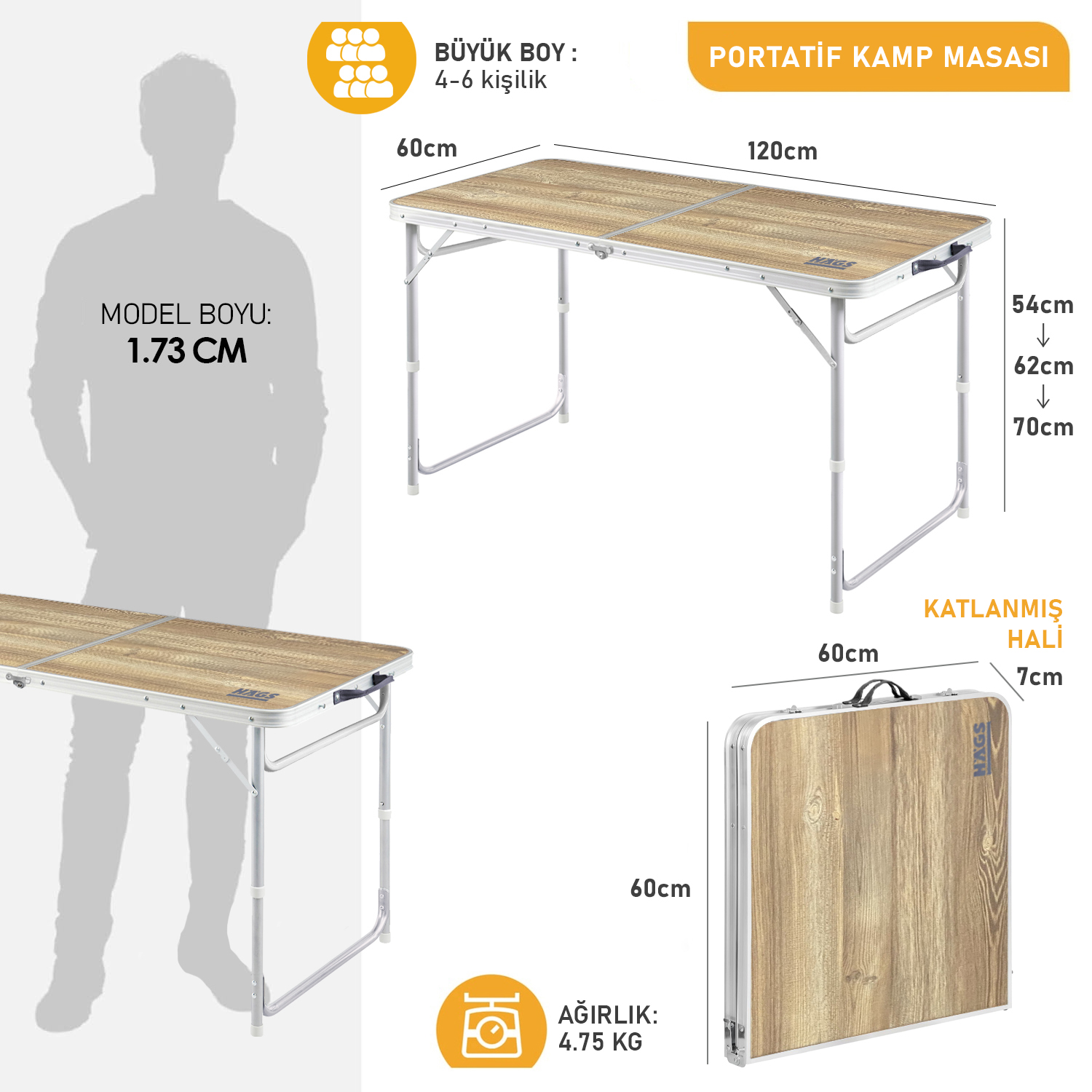 Haegs Portatif Kamp Masası 3 Yükseklik Ayarlı Katlanır Piknik Masası Kolay Taşınabilir Alüminyum Masa - 120x60 - Naturel Meşe 2