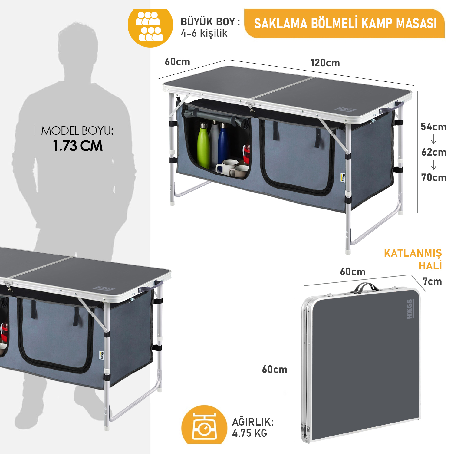 Haegs Saklama Dolaplı Kamp Masası Outdoor Kamp Mutfağı Kamp Dolabı Katlanabilir Kamp Piknik Masası Seyahat Mutfağı Mutfak Dolabı Depolama bölmeli Dış Mekan Mutfağı 120-60cm- Antrasit 2