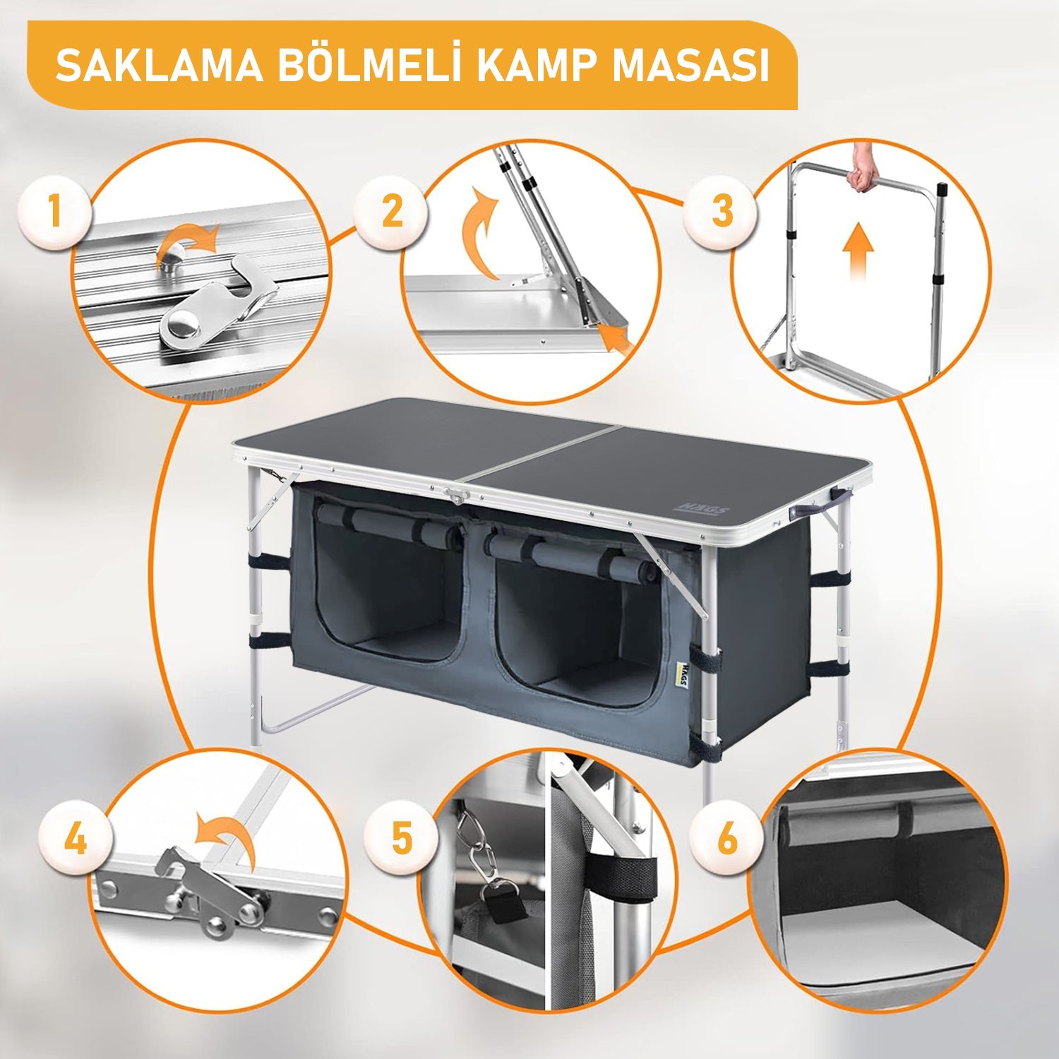 Haegs Saklama Dolaplı Kamp Masası Outdoor Kamp Mutfağı Kamp Dolabı Katlanabilir Kamp Piknik Masası Seyahat Mutfağı Mutfak Dolabı Depolama bölmeli Dış Mekan Mutfağı 120-60cm- Mermer Desenli 4