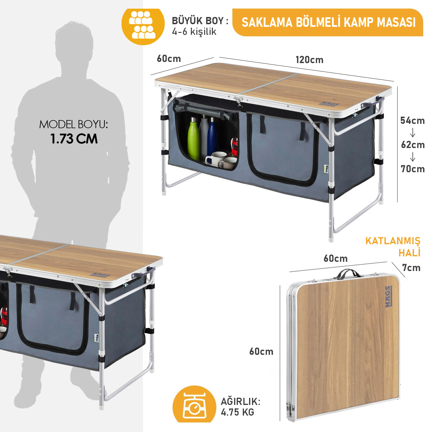 Haegs Saklama Dolaplı Kamp Masası Outdoor Kamp Mutfağı Kamp Dolabı Katlanabilir Kamp Piknik Masası Seyahat Mutfağı Mutfak Dolabı Depolama bölmeli Dış Mekan Mutfağı 120x60cm- Hareli Ceviz 2