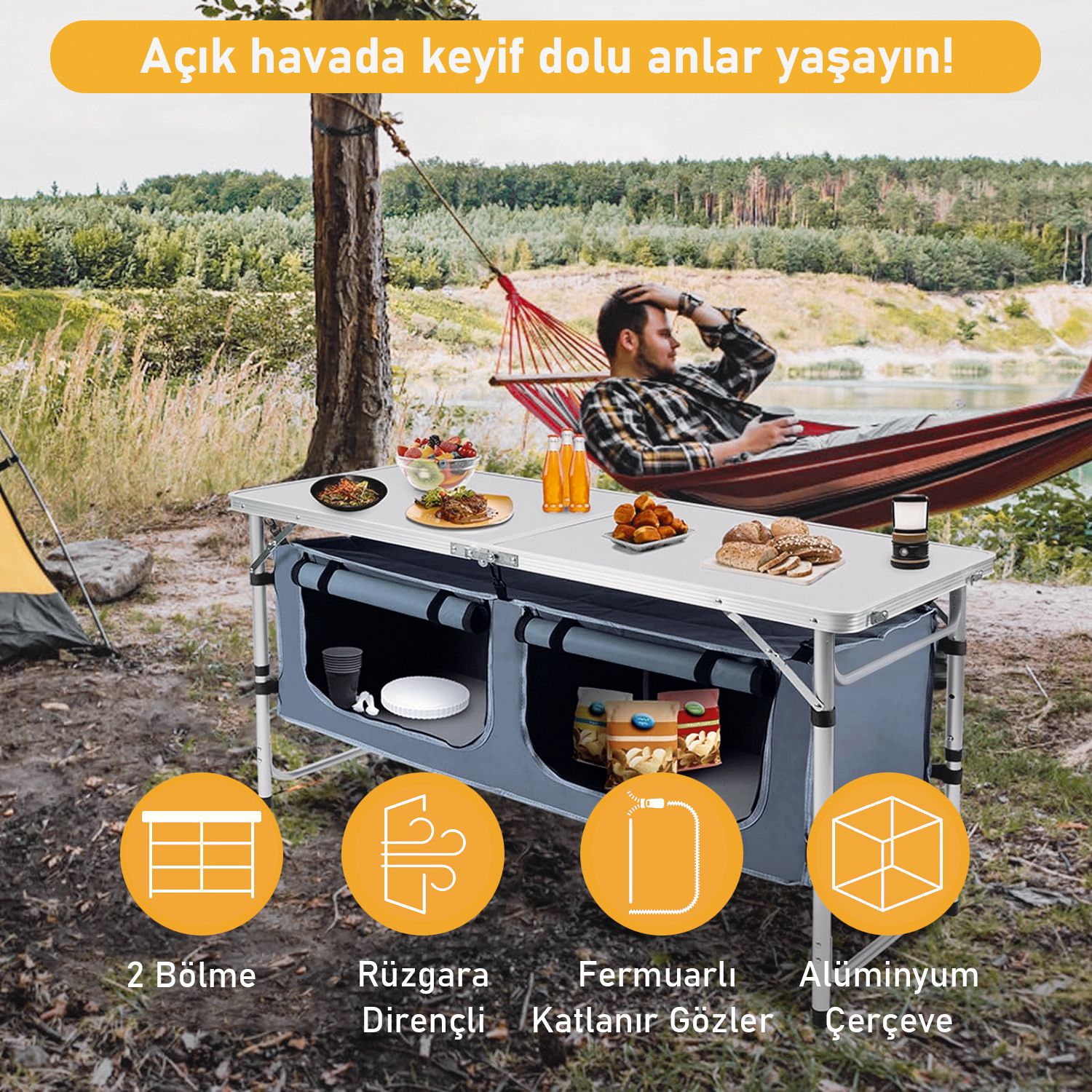 Haegs Saklama Dolaplı Kamp Masası Outdoor Kamp Mutfağı Kamp Dolabı Katlanabilir Kamp Piknik Masası Seyahat Mutfağı Mutfak Dolabı Depolama bölmeli Dış Mekan Mutfağı 120-60cm- Kumaş Desenli 4