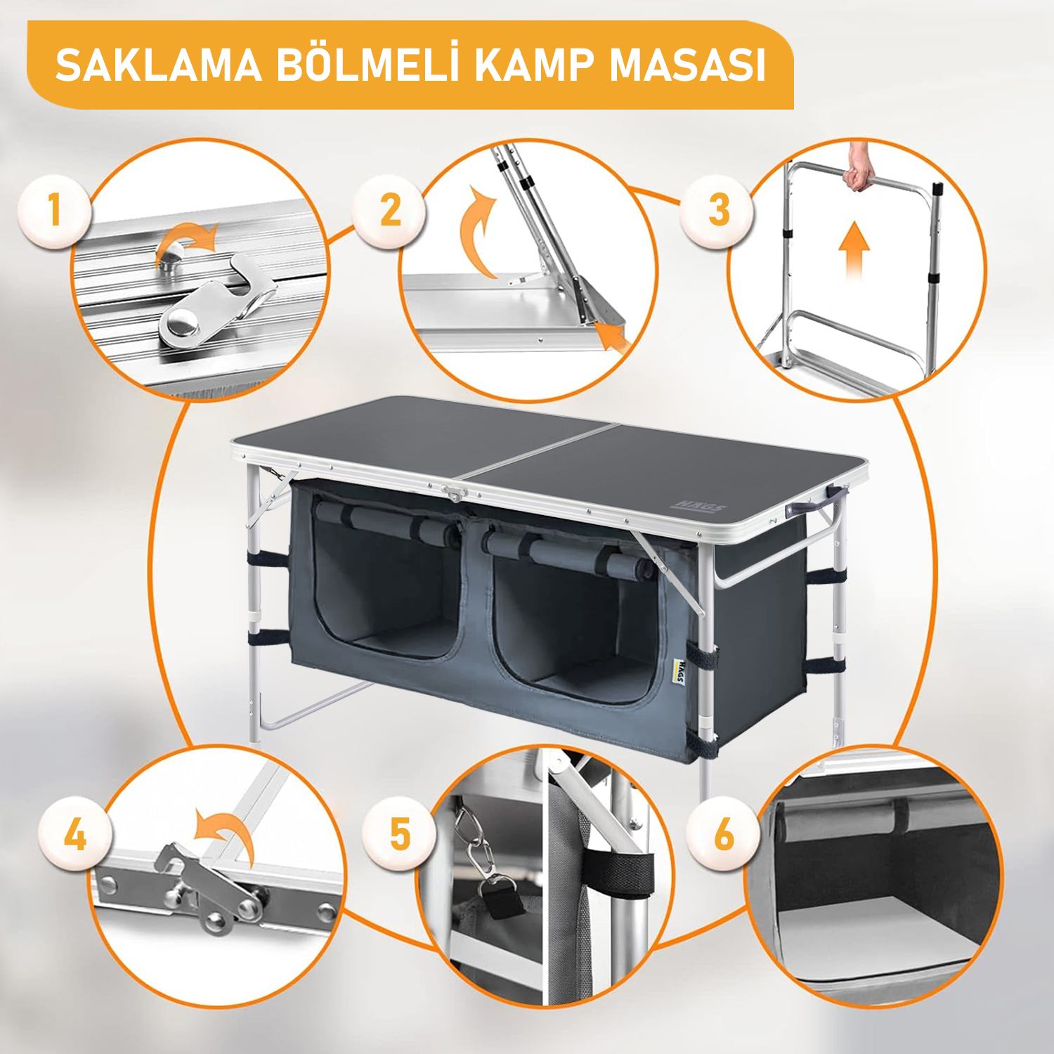 Haegs Saklama Dolaplı Kamp Masası Outdoor Kamp Mutfağı Kamp Dolabı Katlanabilir Kamp Piknik Masası Seyahat Mutfağı Mutfak Dolabı Depolama bölmeli Dış Mekan Mutfağı 120-60cm- Mermer Desenli 3