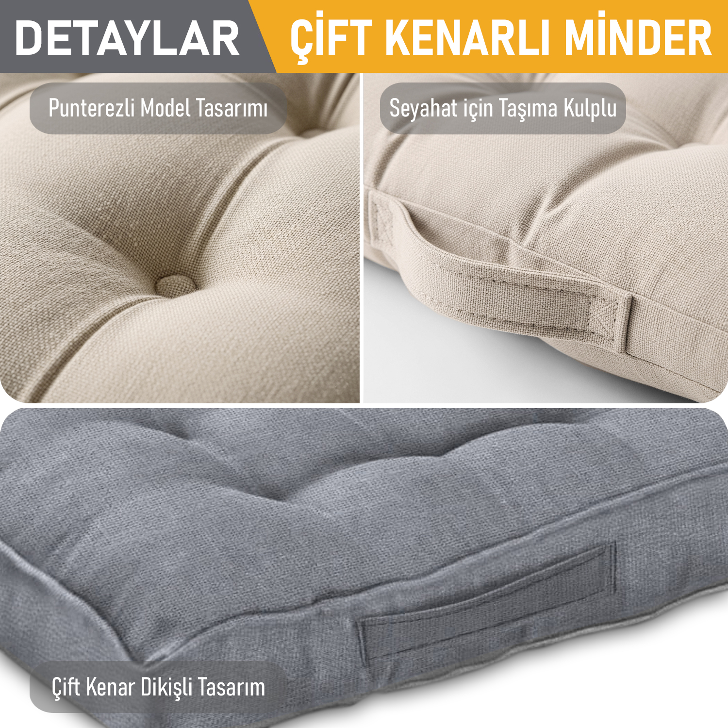Haegs Sandalye Minderi Çift Kenarlı Taşıma Kulplu Punterez Puntolu Elyaf Dolgulu Mutfak Yemek Sandalyeleri için Kare Oturma Minderi Ofis Masası için Yumuşak Konforlu Minder 42x42x6 cm - Bej 4