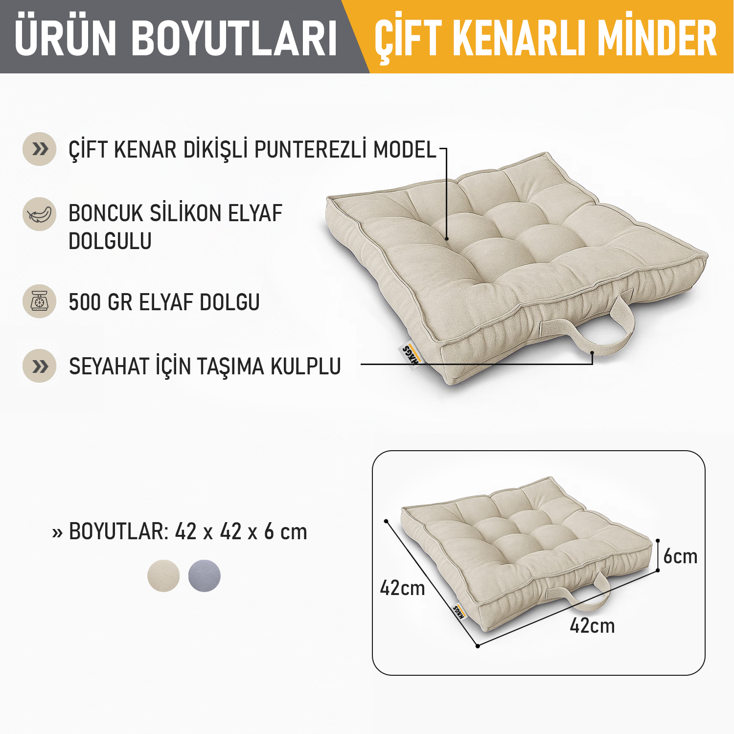 Haegs Sandalye Minderi Çift Kenarlı Taşıma Kulplu Punterez Puntolu Elyaf Dolgulu Mutfak Yemek Sandalyeleri için Kare Oturma Minderi Ofis Masası için Yumuşak Konforlu Minder 42x42x6 cm - Bej 2