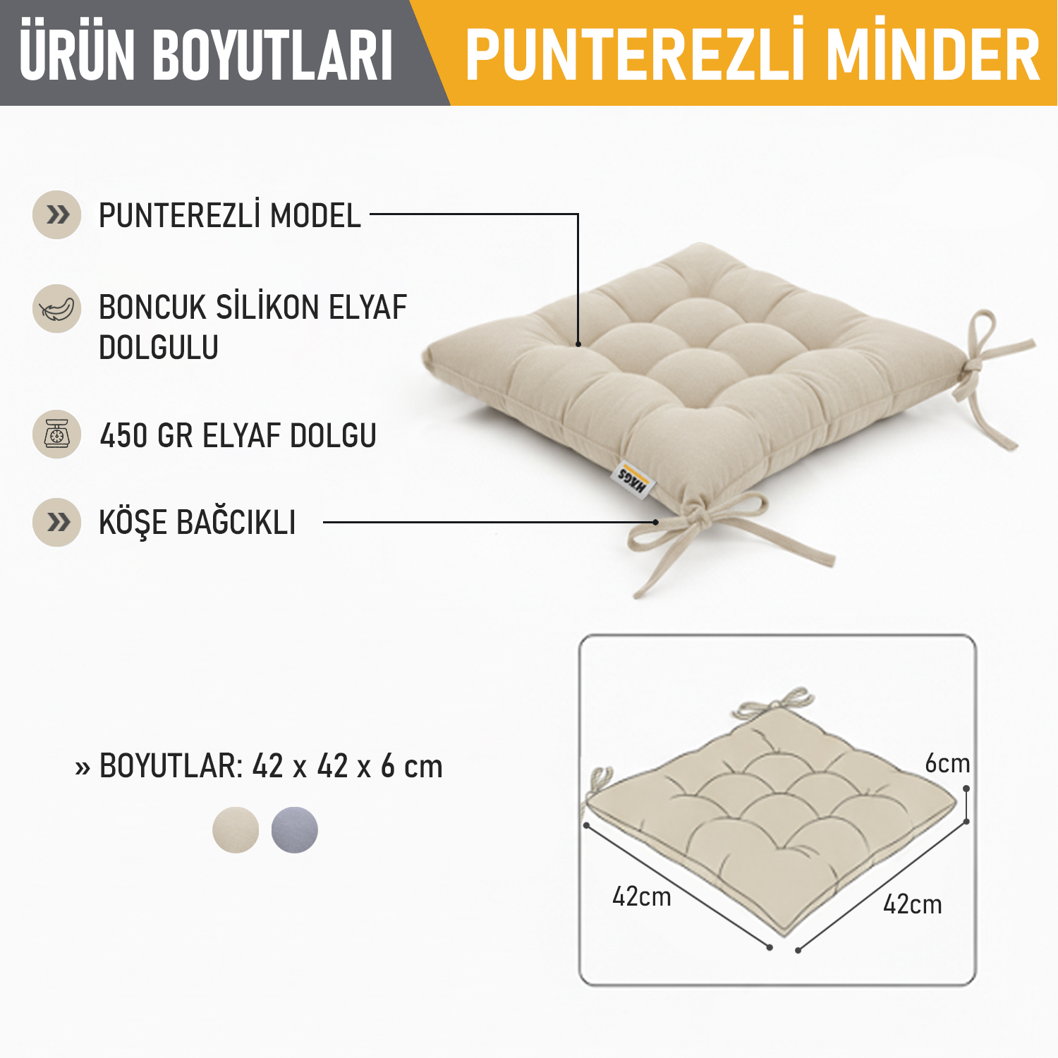 Haegs Sandalye Minderi Punterez Puntolu Silikon Elyaf Dolgulu Bağcıklı Mutfak Yemek Sandalyeleri için Oturma Minderi Ofis Sandalyesi Minderi Yumuşak Konforlu Puf Minder 42x42x6 cm - Bej 2
