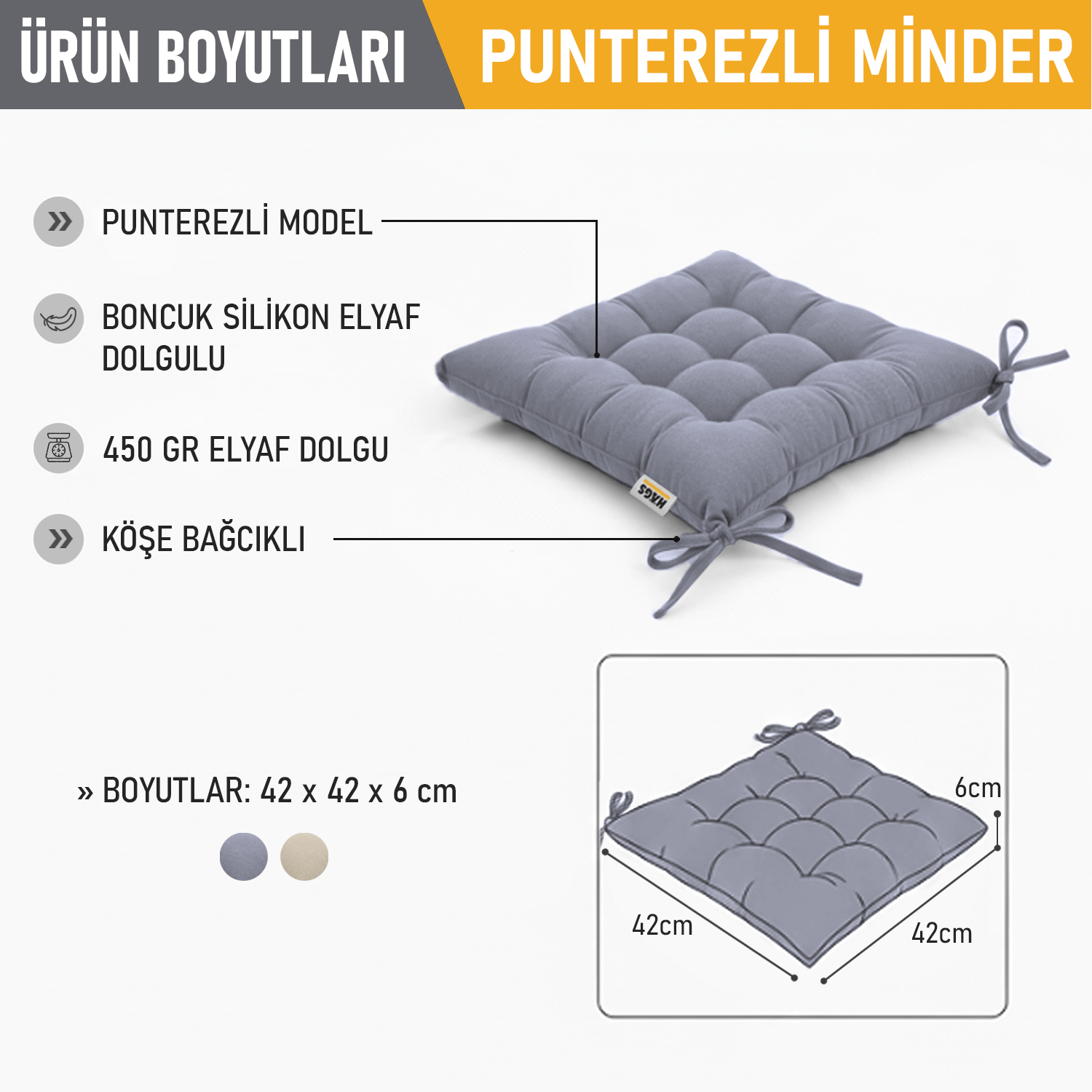 Haegs Sandalye Minderi Punterez Puntolu Silikon Elyaf Dolgulu Bağcıklı Mutfak Yemek Sandalyeleri için Oturma Minderi Ofis Sandalyesi Minderi Yumuşak Konforlu Puf Minder 42x42x6 cm - Gri 2