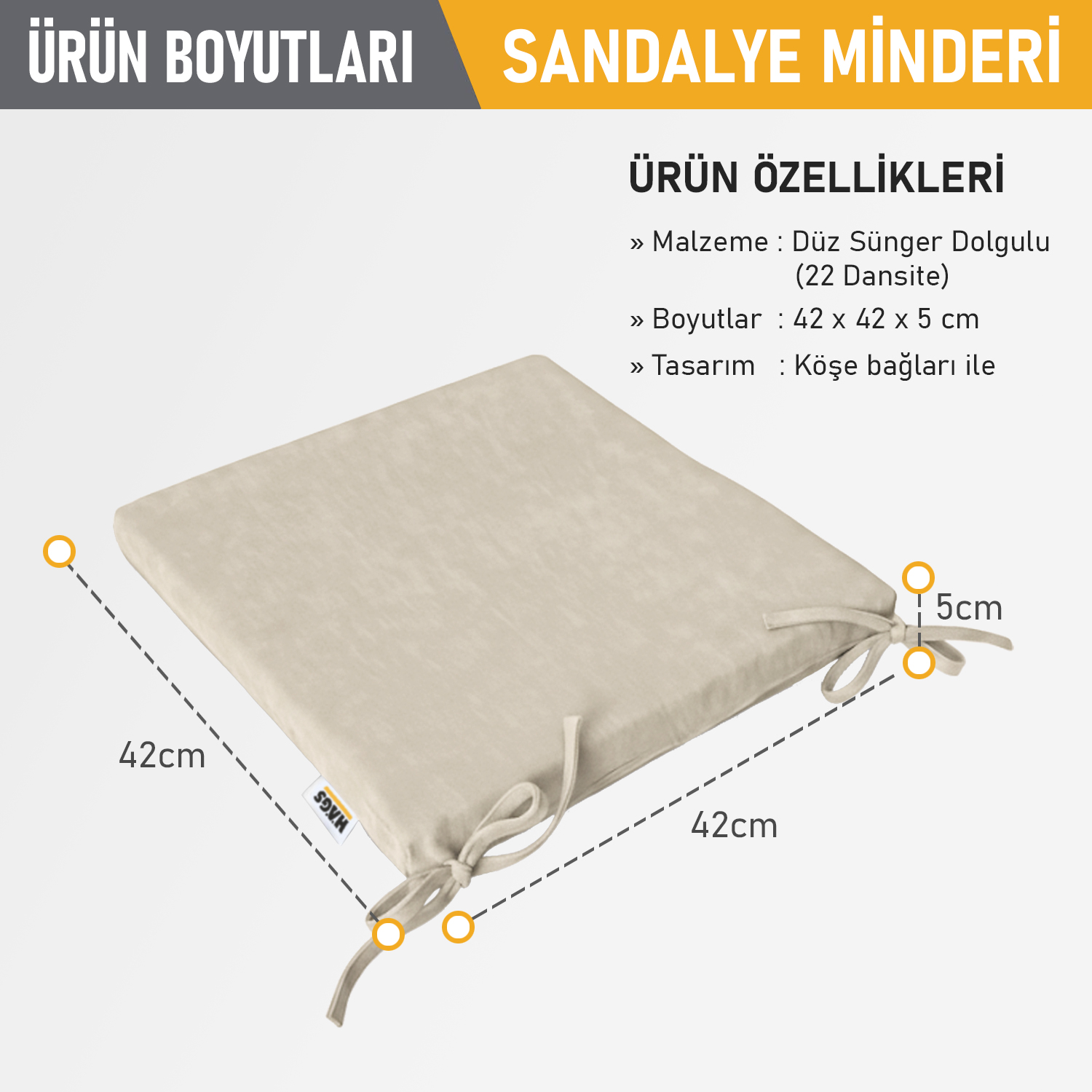 Haegs Sandalye Minderi Süngerli Yemek Sandalyeleri için Sünger Kare Minder Mutfak Sandalye Minderleri Yemek Sandalyeleri için Bağcıklı Kaymaz Sandalye Minderleri 22 Dens 42x42x5cm Bej 2