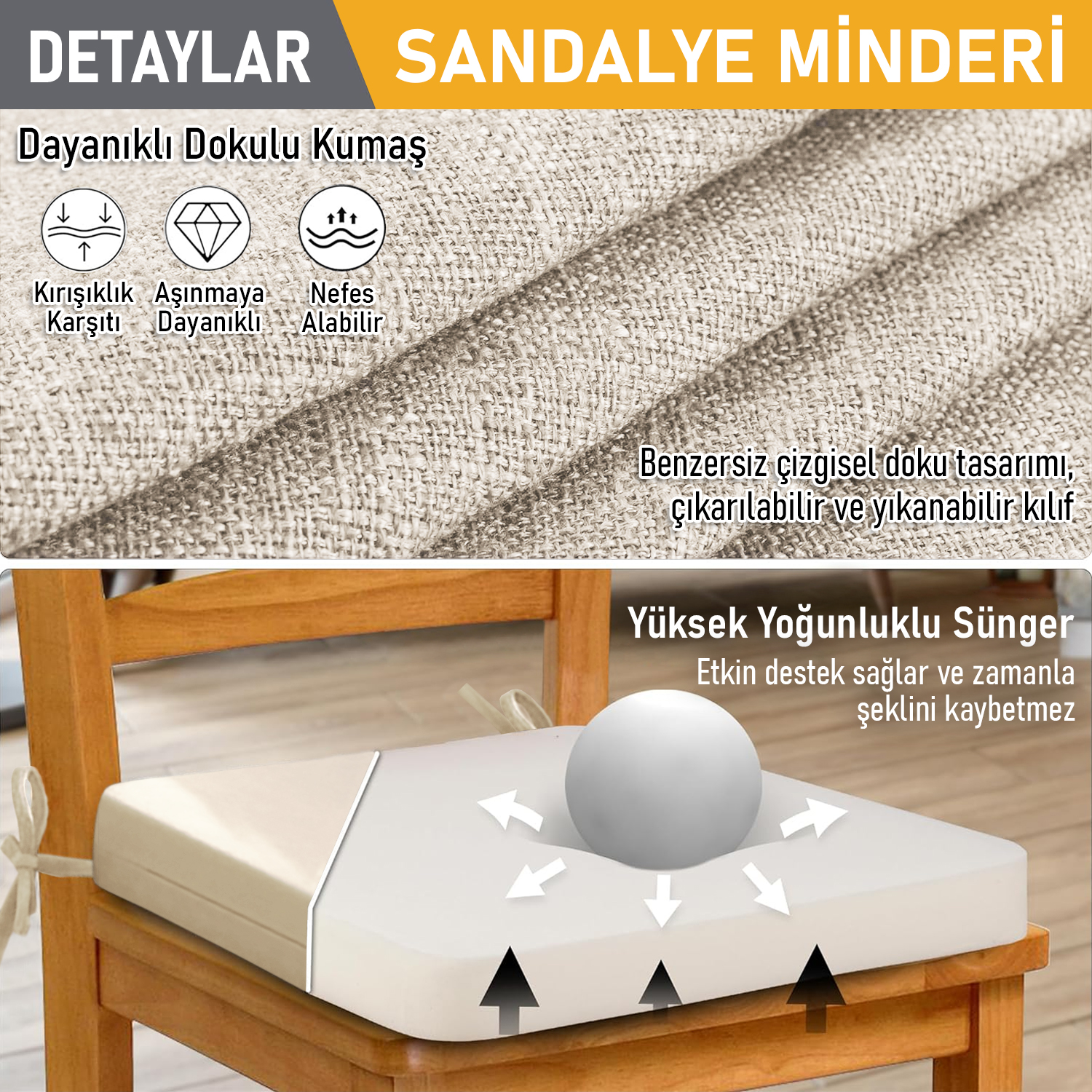 Haegs Sandalye Minderi Süngerli Yemek Sandalyeleri için Sünger Kare Minder Mutfak Sandalye Minderleri Yemek Sandalyeleri için Bağcıklı Kaymaz Sandalye Minderleri 22 Dens 42x42x5cm Bej 4
