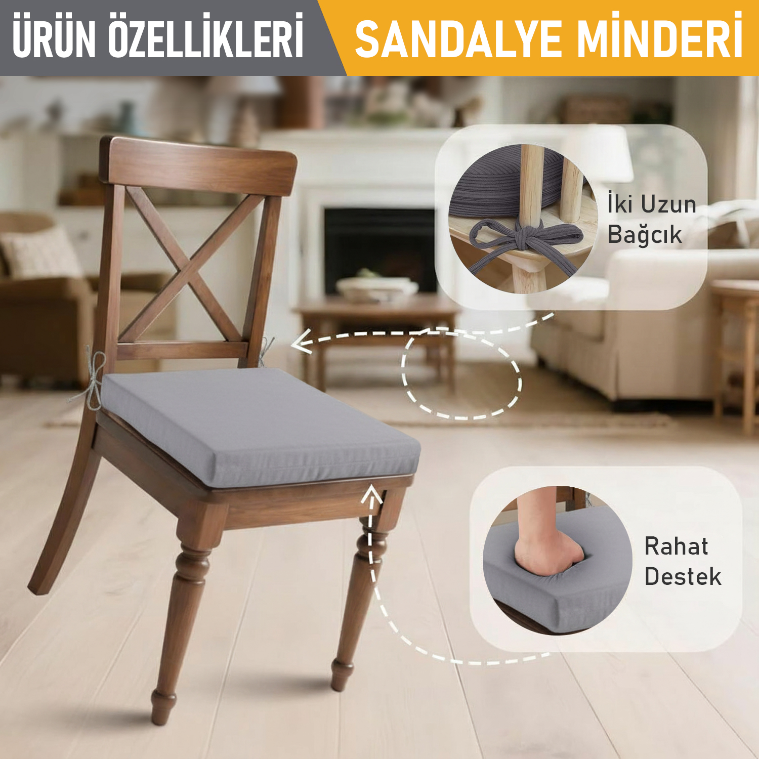 Haegs Sandalye Minderi Süngerli Yemek Sandalyeleri için Sünger Kare Minder Mutfak Sandalye Minderleri Yemek Sandalyeleri için Bağcıklı Kaymaz Sandalye Minderleri 22 Dens 42x42x5cm Bej 6