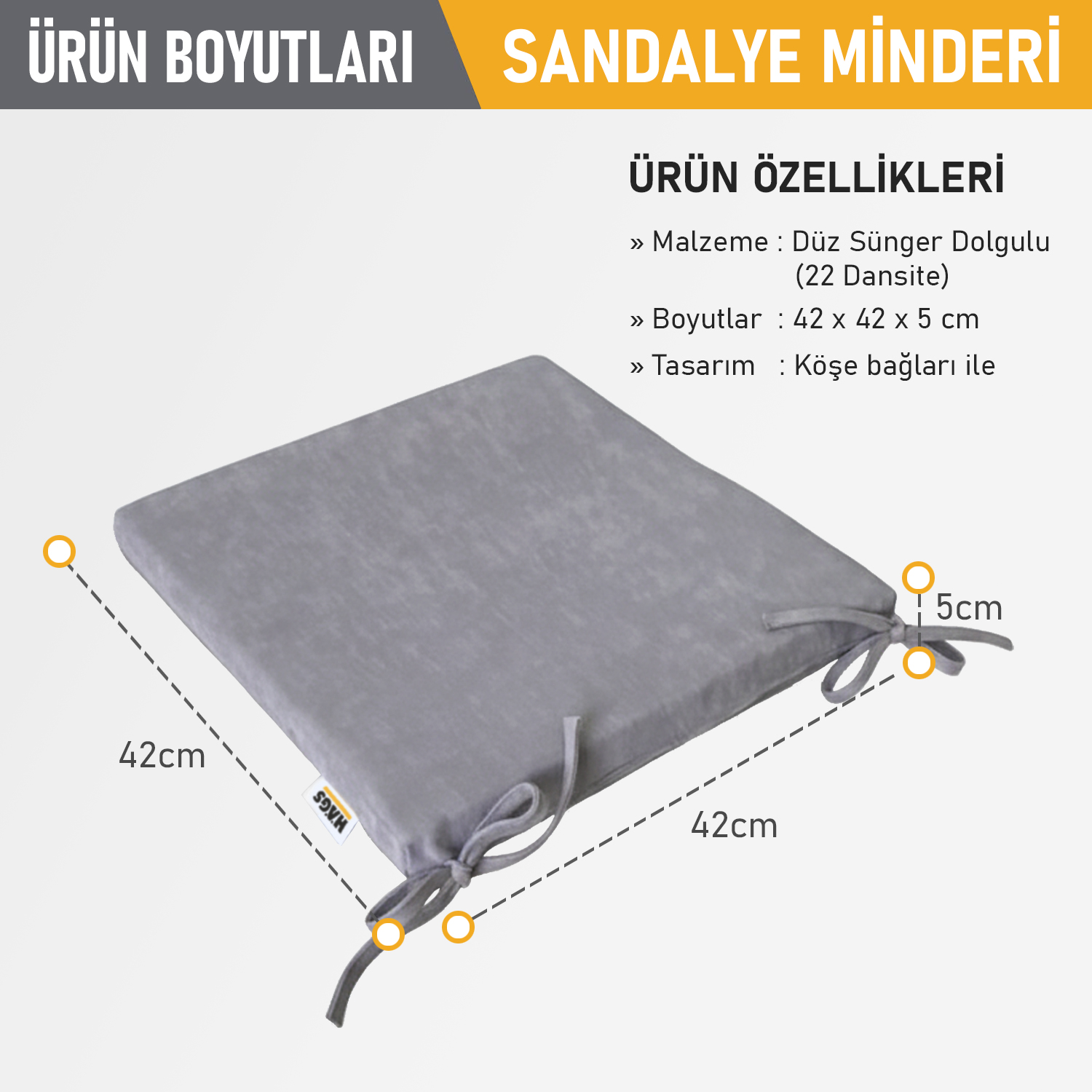 Haegs Sandalye Minderi Süngerli Yemek Sandalyeleri için Sünger Kare Minder Mutfak Sandalye Minderleri Yemek Sandalyeleri için Bağcıklı Kaymaz Sandalye Minderleri 22 Dens 42x42x5cm Gri 2