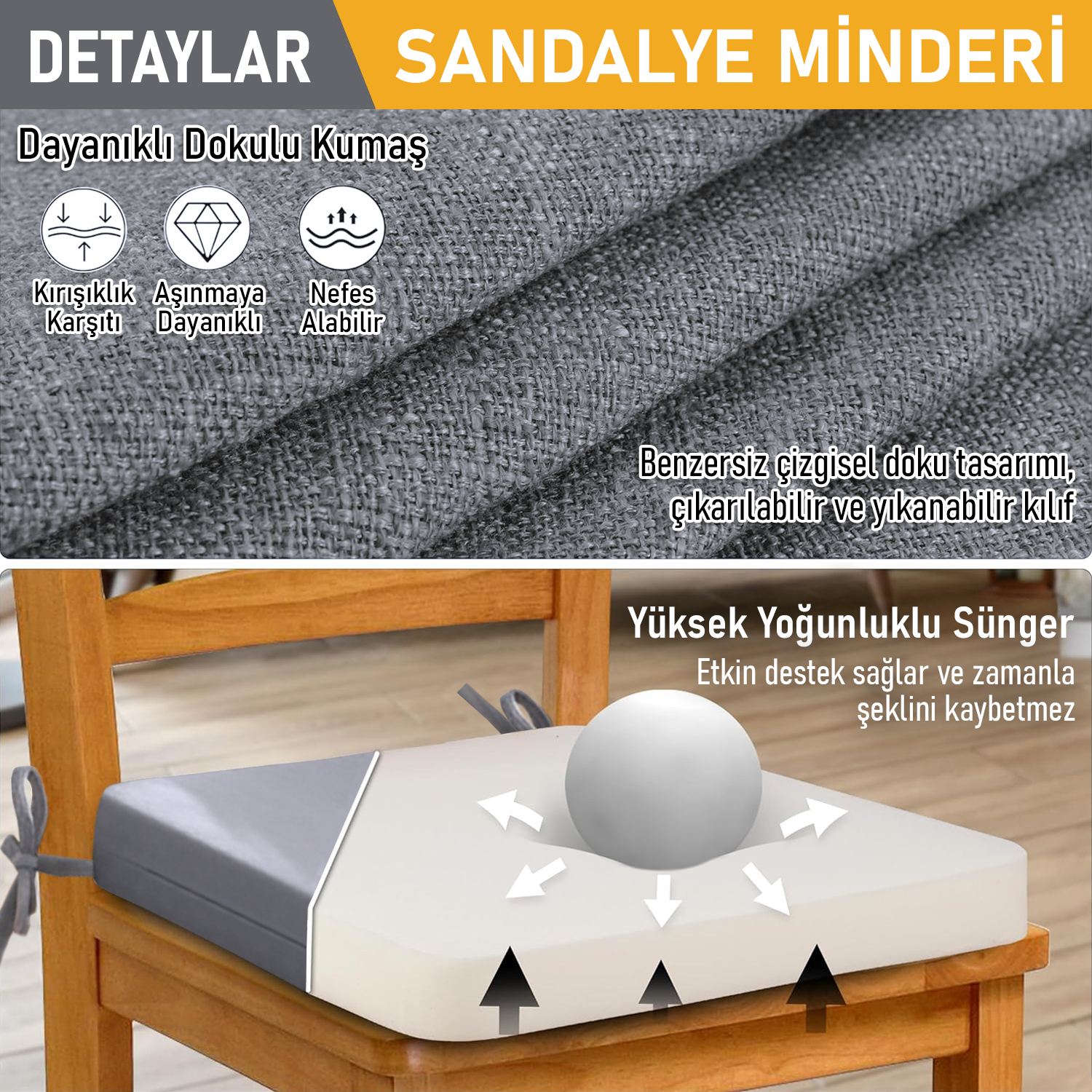 Haegs Sandalye Minderi Süngerli Yemek Sandalyeleri için Sünger Kare Minder Mutfak Sandalye Minderleri Yemek Sandalyeleri için Bağcıklı Kaymaz Sandalye Minderleri 22 Dens 42x42x5cm Gri 4