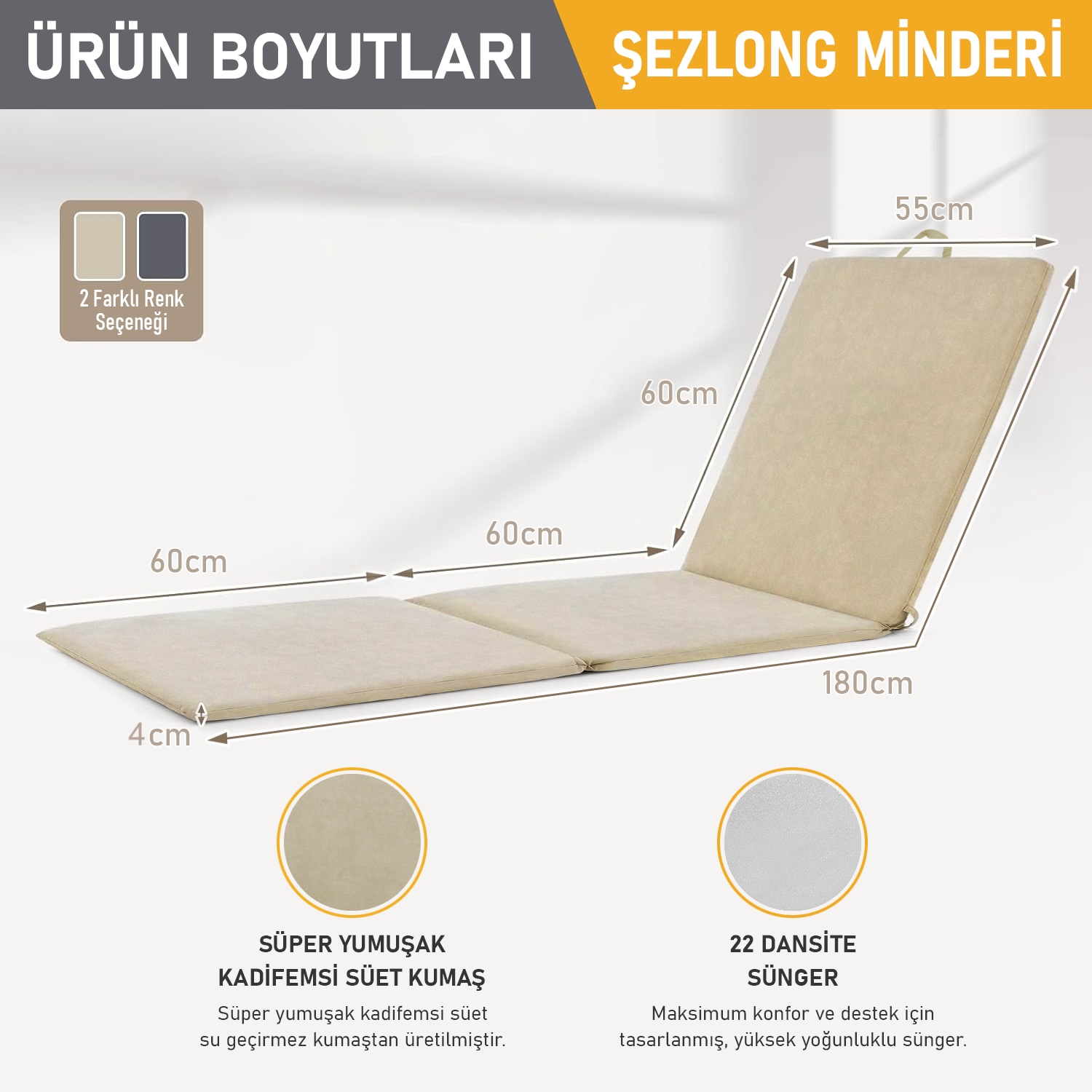 Haegs Şezlong Minderi Havuz Plaj Outdoor Kamp için Katlanır Sünger Minder Dış Mekan Süet Kumaş Kılıf Dış Mekan Mobilyaları İçin Veranda Yedek Minderi - 22 Dens - 180x55x4 cm - Bej 2