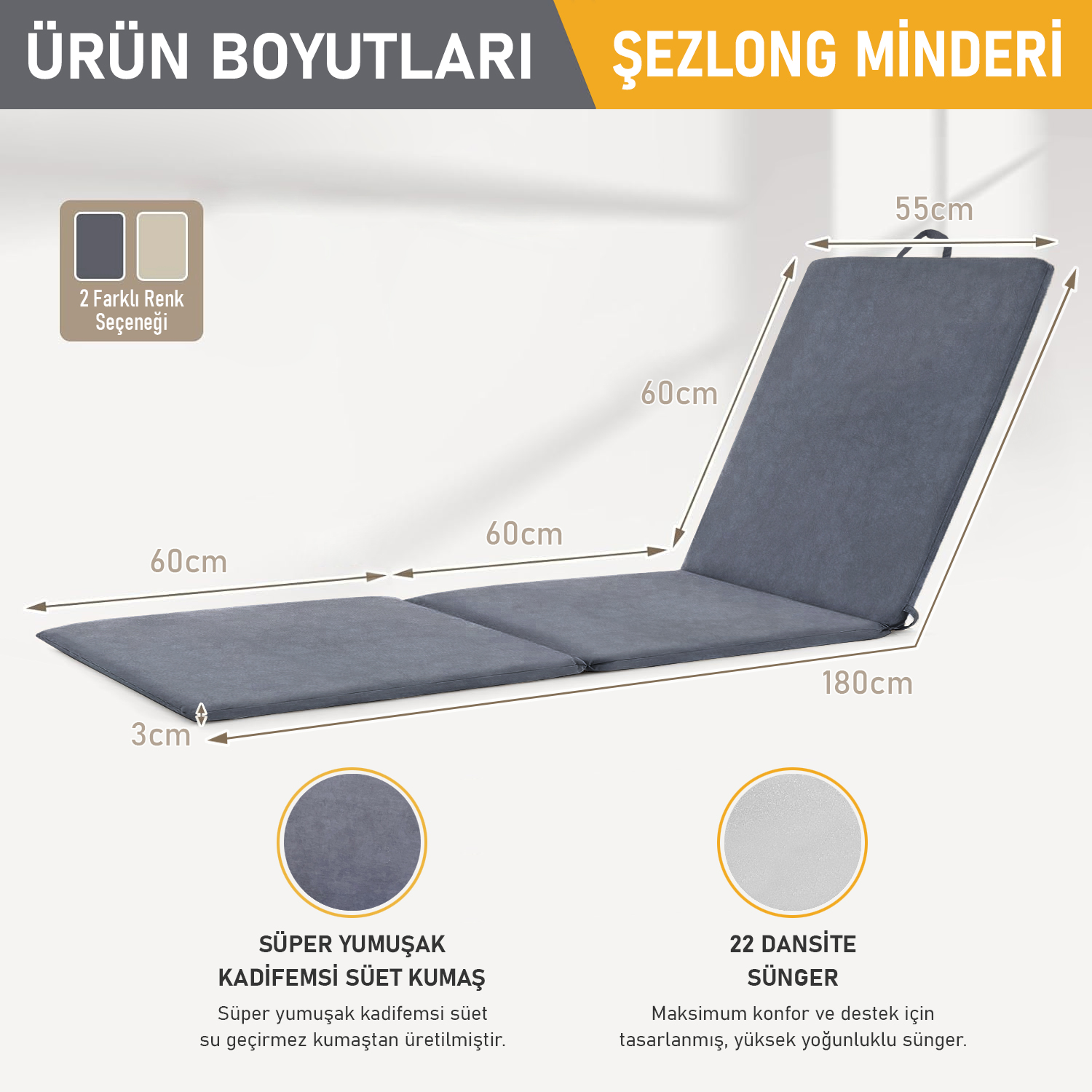 Haegs Şezlong Minderi Havuz Plaj Outdoor Kamp için Katlanır Sünger Minder Su Geçirmez Dış Mekan Süet Kumaş Kılıf Dış Mekan Mobilyaları İçin Veranda Yedek Minderi 22 Dens - 180x55x3 cm - Gri 2