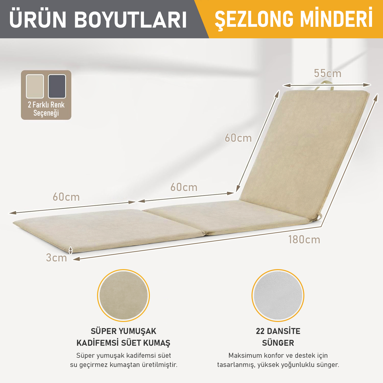 Haegs Şezlong Minderi Havuz Plaj Outdoor Kamp için Katlanır Sünger Minder Su Geçirmez Dış Mekan Süet Kumaş Kılıf Dış Mekan Mobilyaları İçin Veranda Yedek Minderi - 22 Dens - 180x55x3 cm - Bej 2