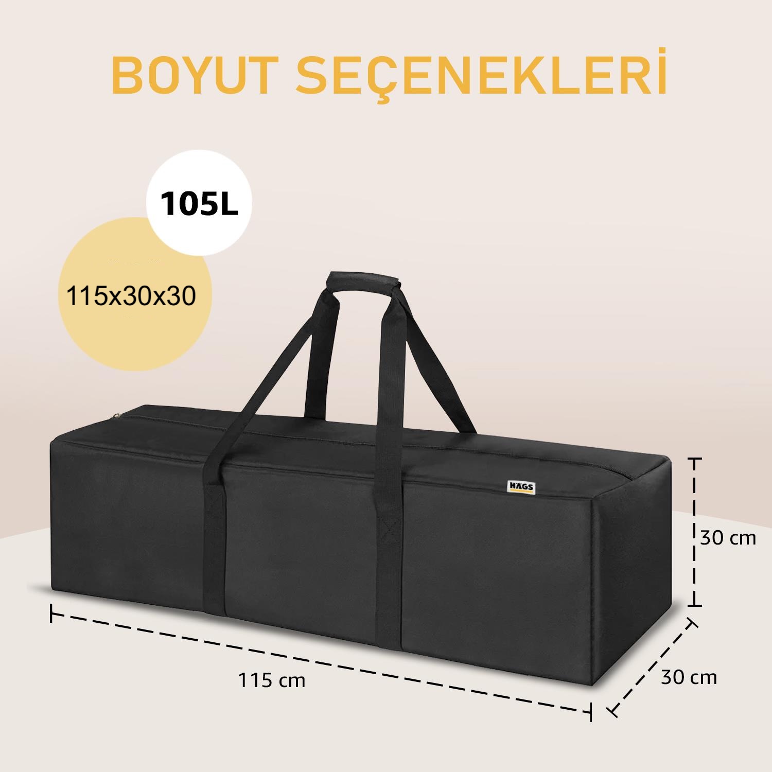 Haegs Taşıma Çantası Fermuarlı Dayanıklı Seyahat Spor Kamp Malzemeleri Saklama Çantası Hurç Valiz 105L 115 x 30 x 30cm - Siyah 3