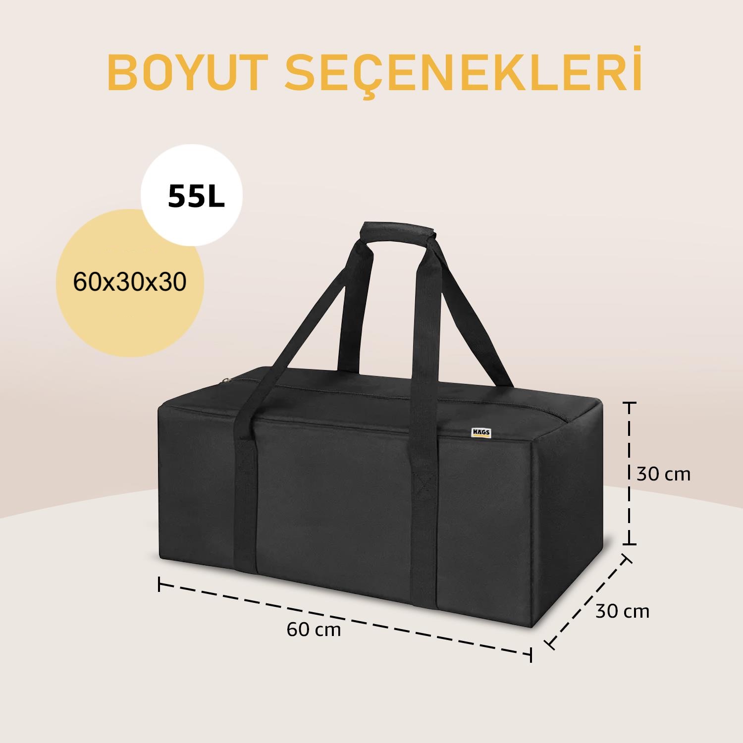 Haegs Taşıma Çantası Fermuarlı Dayanıklı Seyahat Spor Kamp Malzemeleri Saklama Çantası Hurç Valiz 55L 60 x 30 x 30 cm - Siyah 3