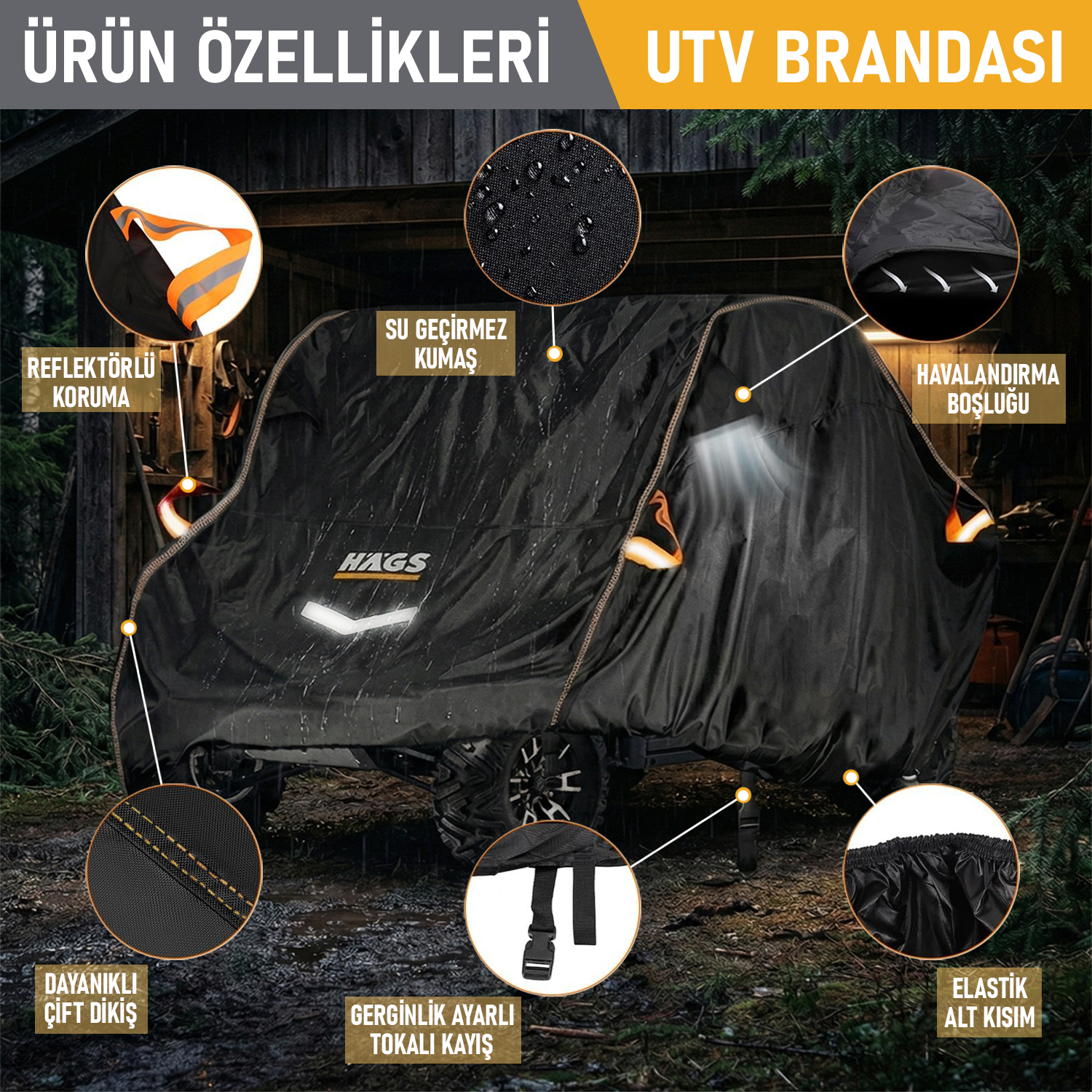 Haegs UTV Brandası UTV Koruma Kılıfı Örtüsü Ağır Hizmet Tipi Su Geçirmez 4 Mevsim Koruma Çift Sıra Koltuklu 4-6 Kişilik Plus UTV için XL-420-175-190cm Siyah - Gri 5