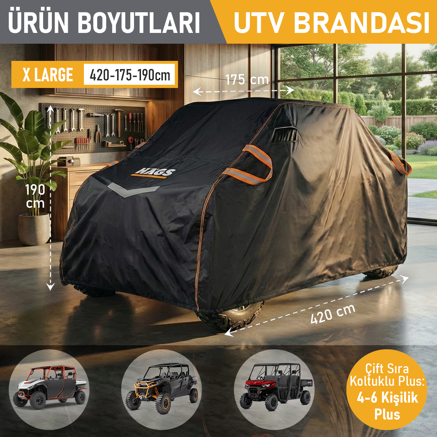 Haegs UTV Brandası UTV Koruma Kılıfı Örtüsü Ağır Hizmet Tipi Su Geçirmez 4 Mevsim Koruma Çift Sıra Koltuklu 4-6 Kişilik Plus UTV için XL-420-175-190cm Siyah - Gri 3
