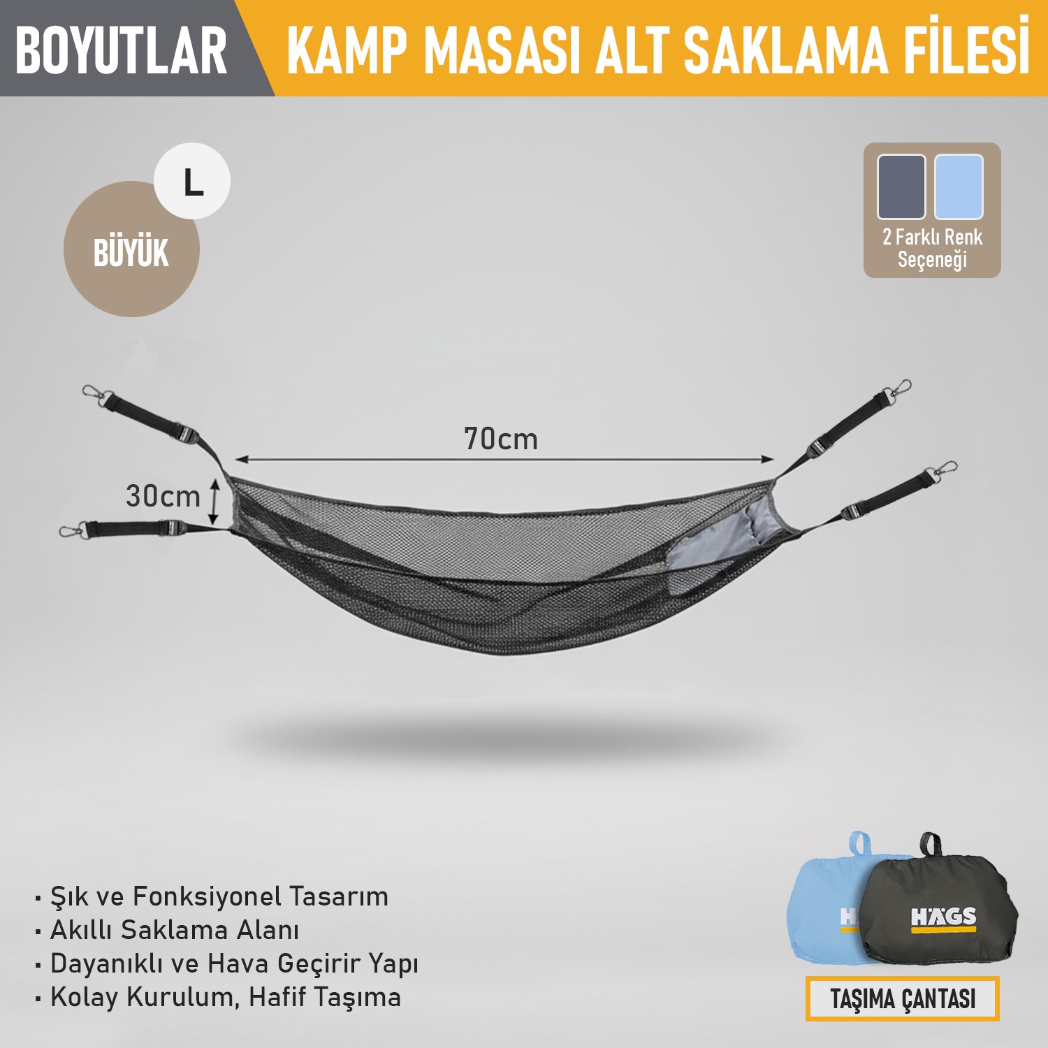 Masa Altı Saklama Filesi Kamp Piknik Outdoor için Masa Altı Kamp Malzemeleri Eşya Depolama Düzenleyici Organizer Kese Hurç File - L - 70x30 cm - Gri 2