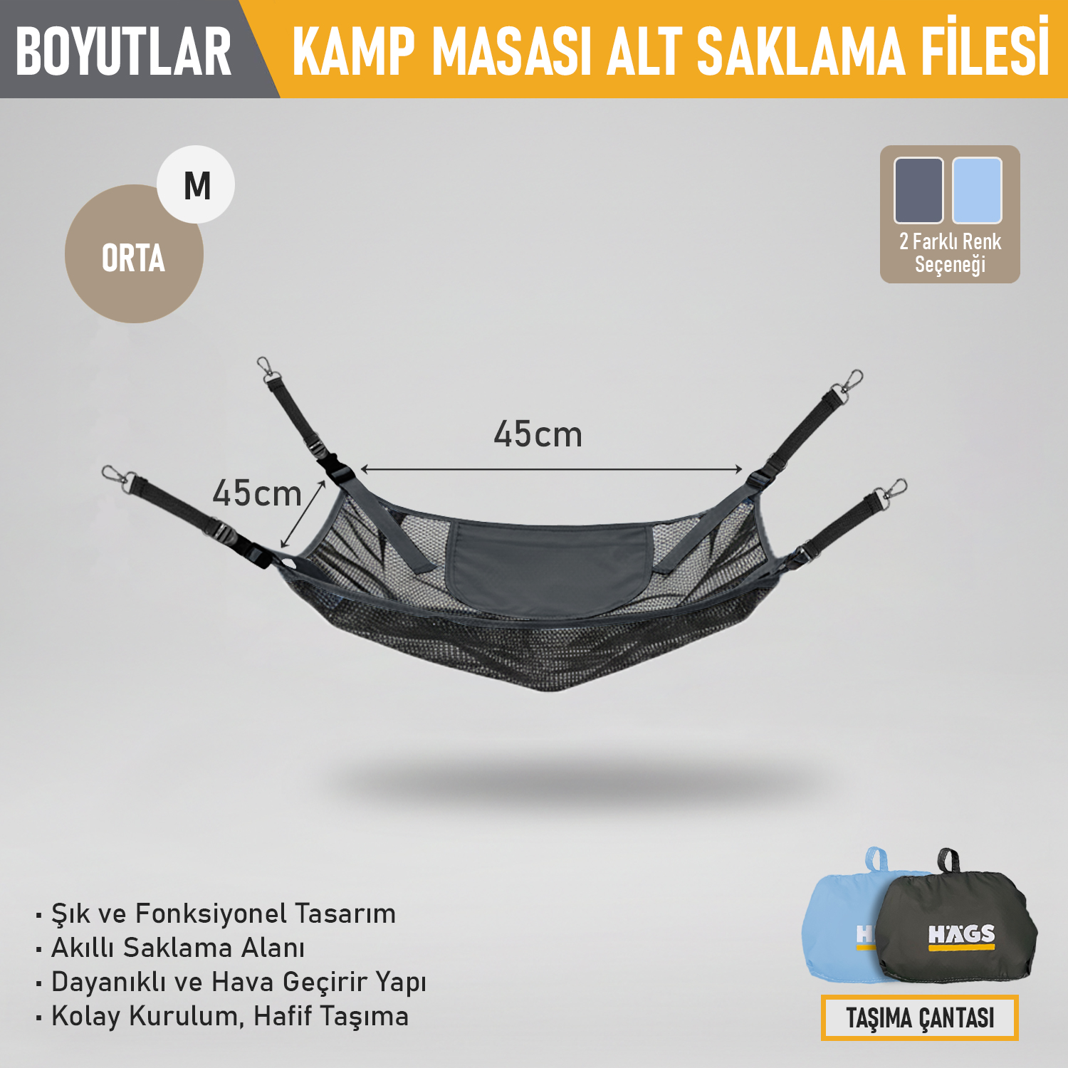 Masa Altı Saklama Filesi Kamp Piknik Outdoor için Masa Altı Kamp Malzemeleri Eşya Depolama Düzenleyici Organizer Kese Hurç File - M - 45x45 cm - Mavi 2