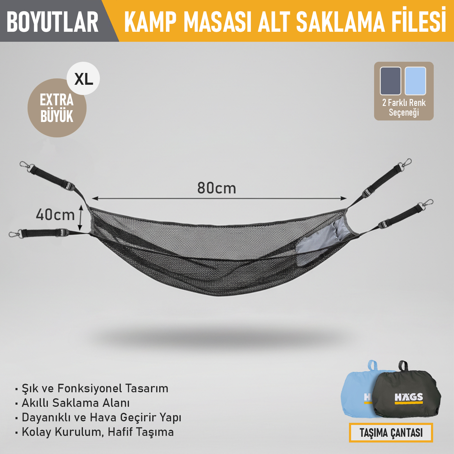 Masa Altı Saklama Filesi Kamp Piknik Outdoor için Masa Altı Kamp Malzemeleri Eşya Depolama Düzenleyici Organizer Kese Hurç File - XL - 80x40 cm - Gri 2