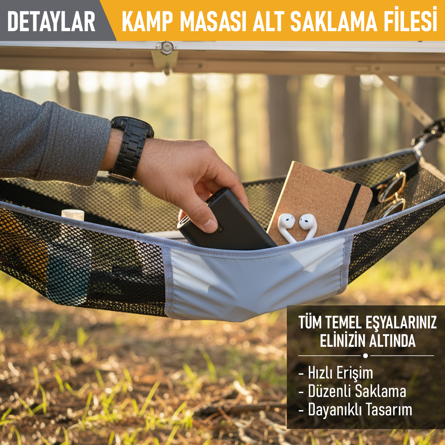 Masa Altı Saklama Filesi Kamp Piknik Outdoor için Masa Altı Kamp Malzemeleri Eşya Depolama Düzenleyici Organizer Kese Hurç File - XL - 80x40 cm - Mavi 5